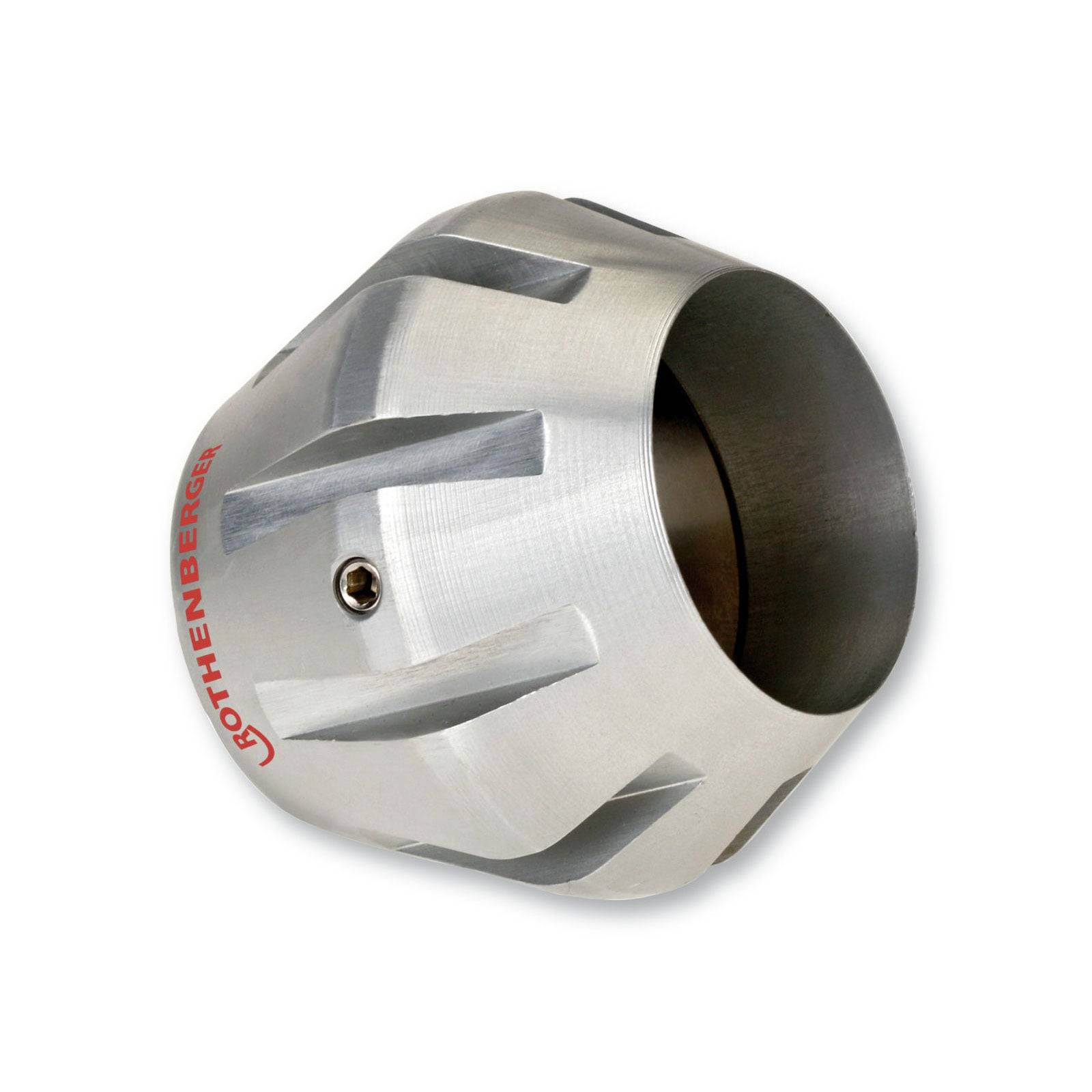 Ein Rohrentgratungswerkzeug aus Silber mit diagonalen Rillen, das auf seiner Seite das Markenlogo in roter Schrift trägt. Wird zum Glätten von Rohrkanten verwendet.