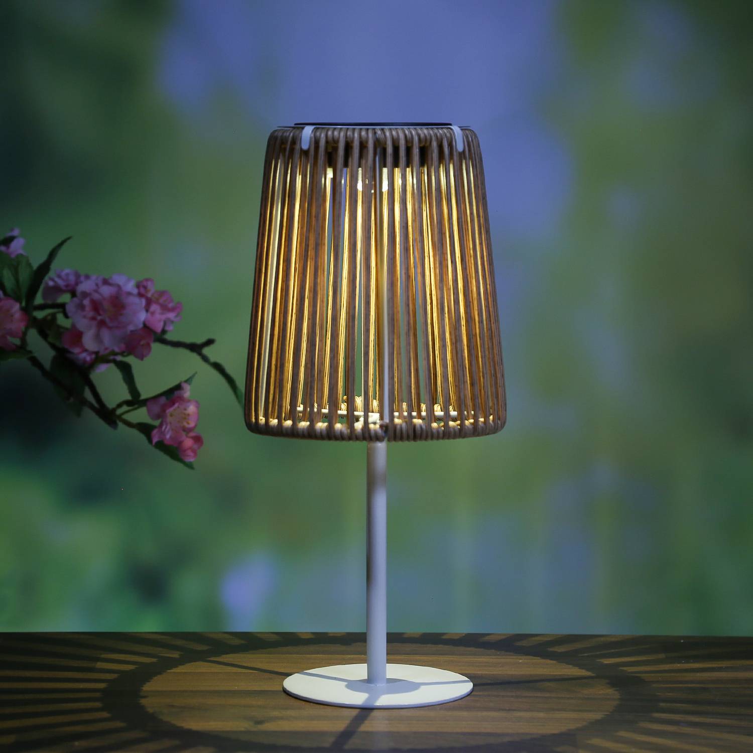 LED Solar Tischleuchte mit Kunststoffseil Korboptik Rattan Solarleuchte H: 19cm