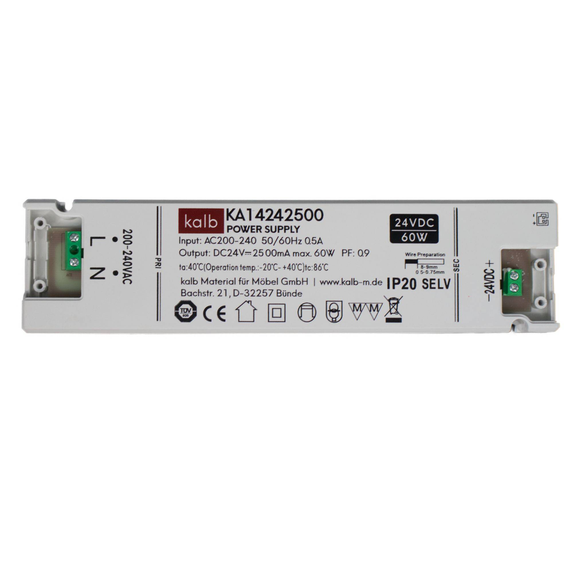 kalb | LED-Netzteil 24V DC Velion, TÜV-geprüft, ultraflach max. 17mm Höhe, IP20 zertifiziert, 230V auf 24V Trafo, 15W/30W/60W, für LED-Streifen &