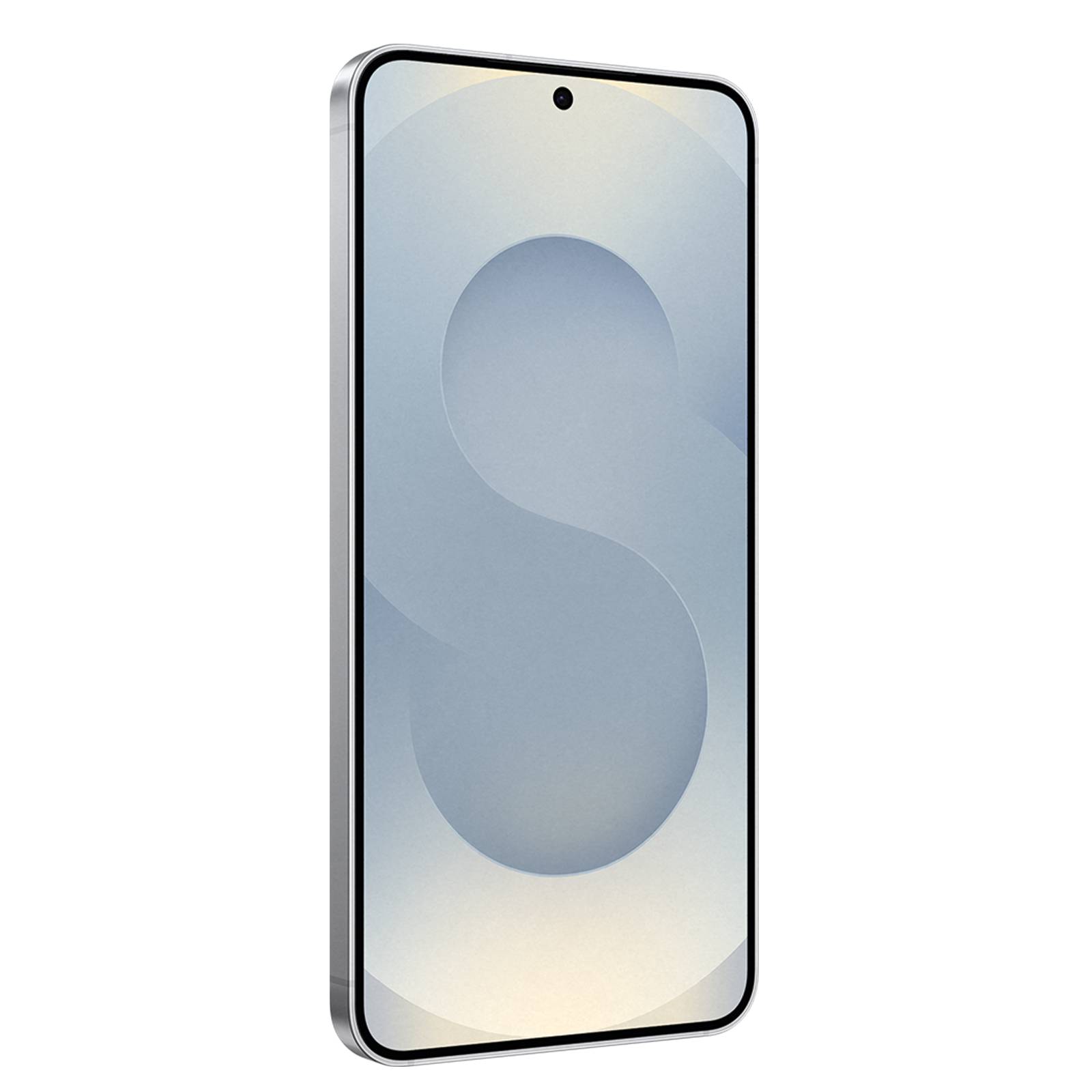 Ein silbernes Smartphone, von vorne gegen einen schwarzen Hintergrund gezeigt, mit einem hellen abstrakten Hintergrund, das eine große stilisierte S-Form und ein zentriertes Kameraloch anzeigt.