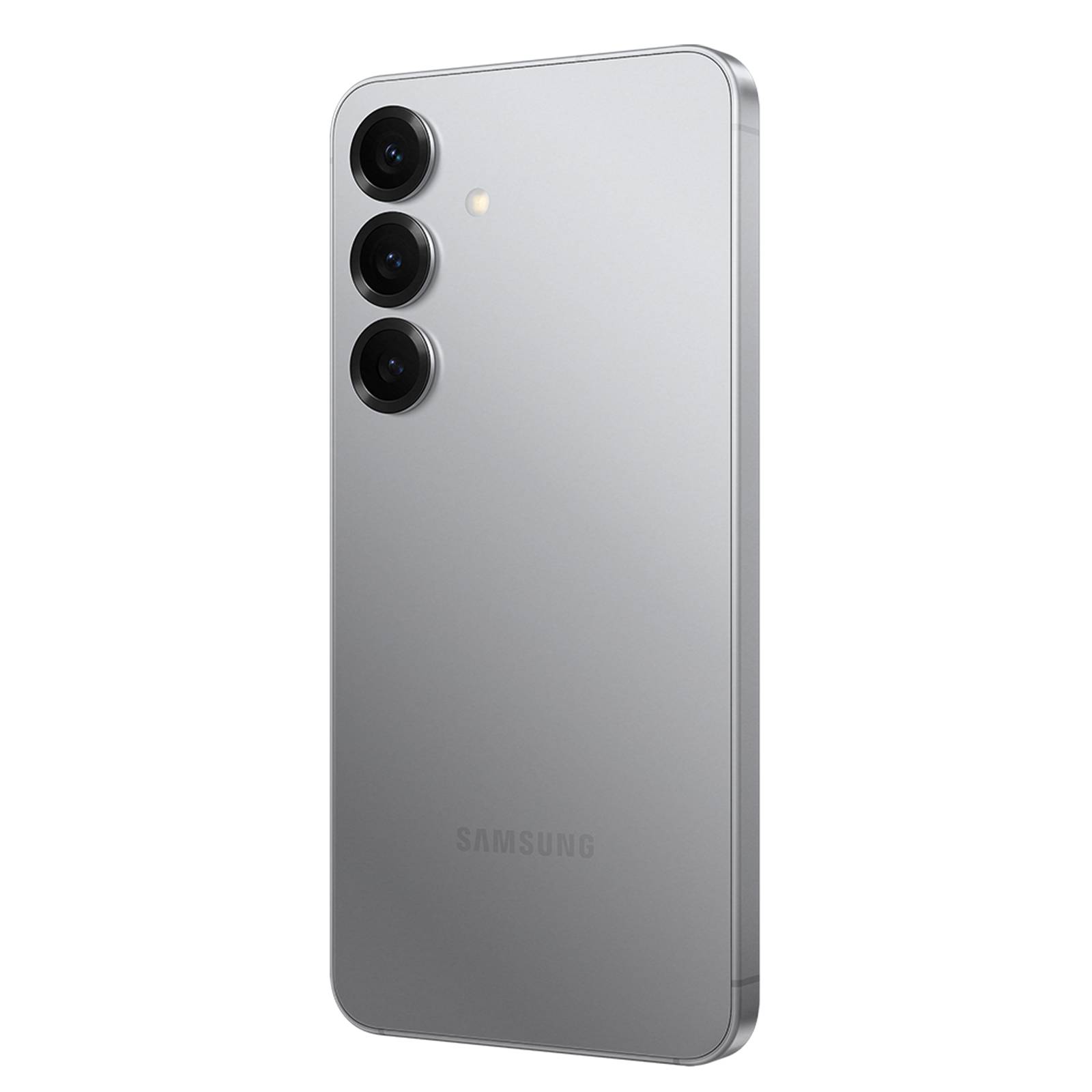 Silbernes Samsung-Smartphone von hinten gezeigt, mit drei rückseitigen Kameras vertikal oben links angeordnet.