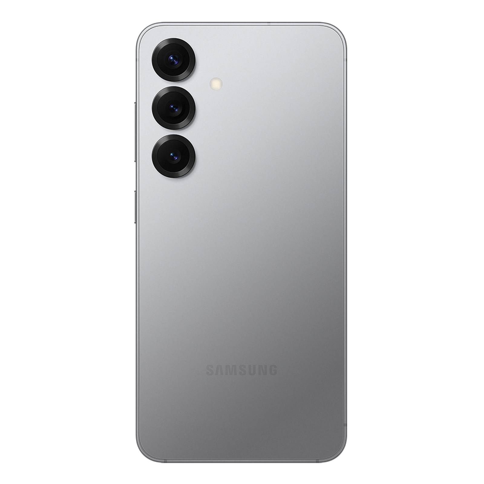 Rückseite eines silbernen Samsung-Smartphones mit drei vertikal angeordneten Rückkameras und einem kleinen Blitz oben links.