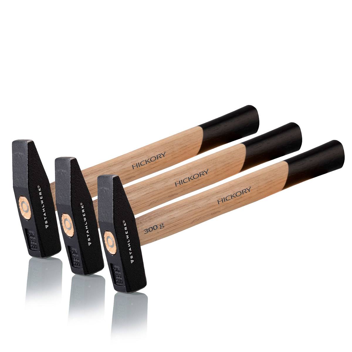 STAHLWERK 3 x Hammer Schlosserhammer 300g robuster Stahlkopf, Griff aus Hickory
