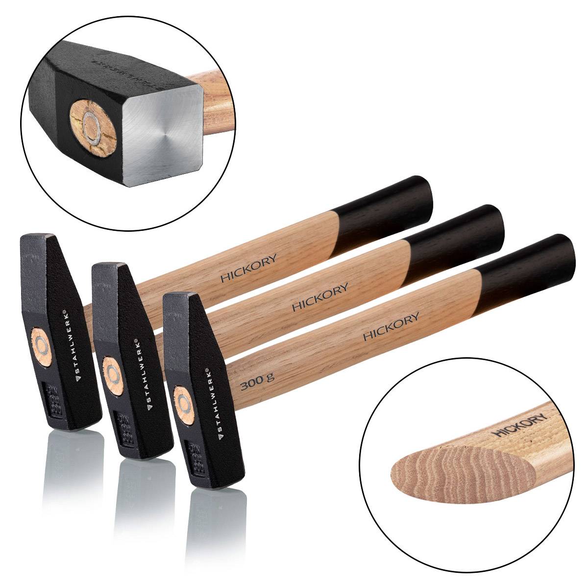 STAHLWERK 3 x Hammer Schlosserhammer 300g robuster Stahlkopf, Griff aus Hickory