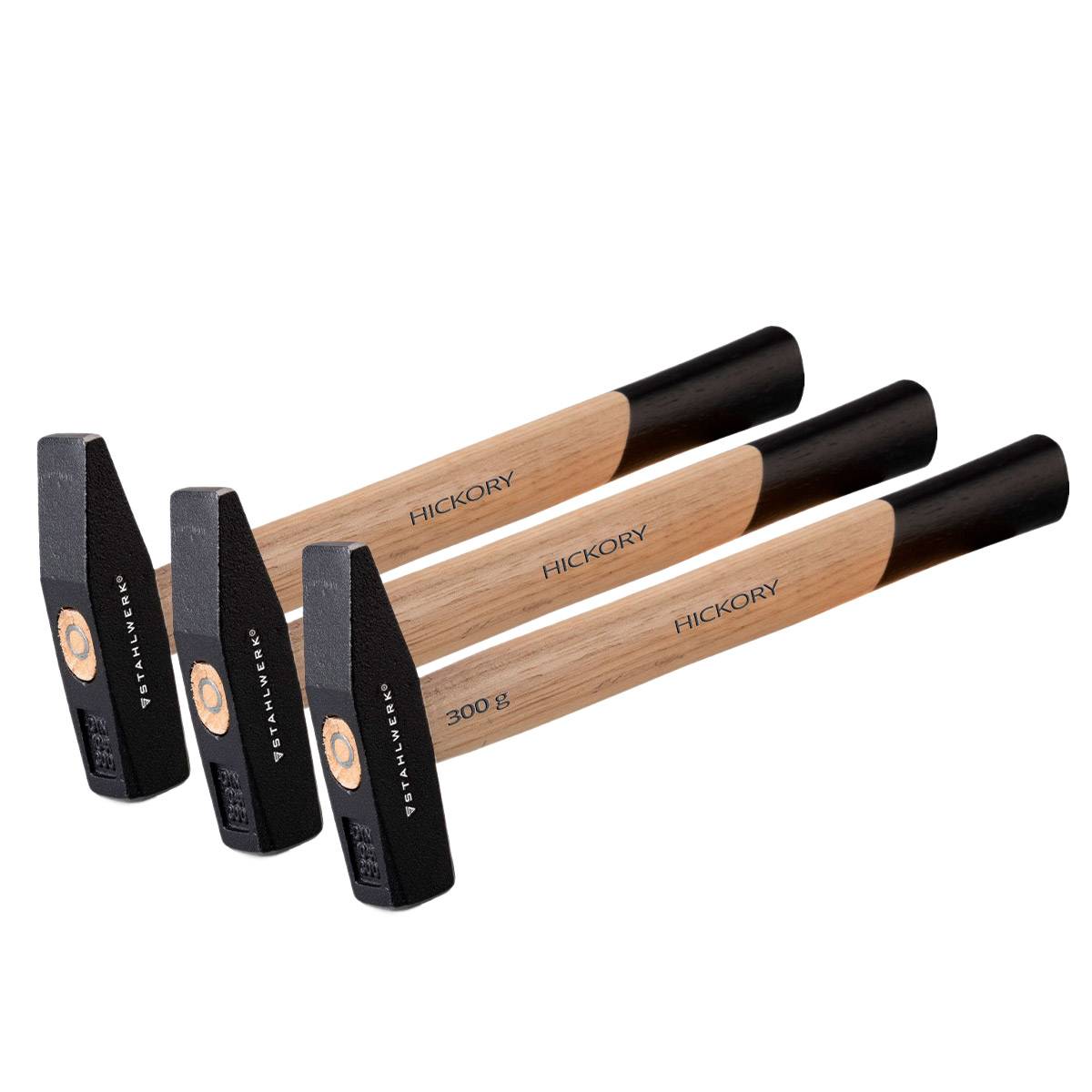STAHLWERK 3 x Hammer Schlosserhammer 300g robuster Stahlkopf, Griff aus Hickory