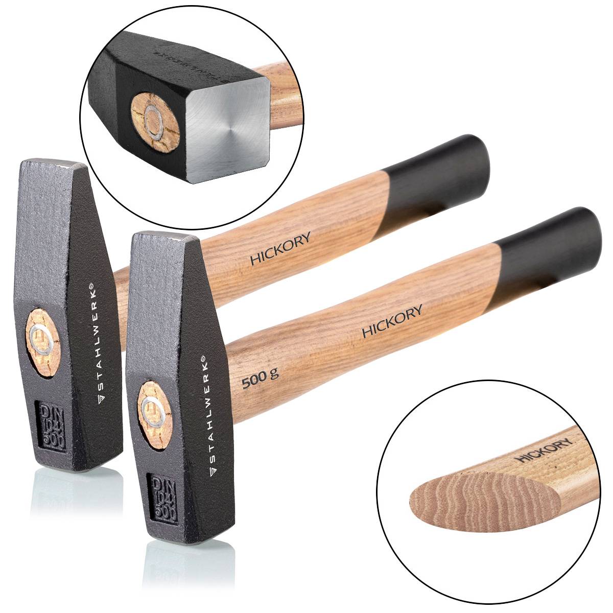 STAHLWERK 2 x Schlosserhammer 500g robuster Stahlkopf, Griff aus Hickory Holz