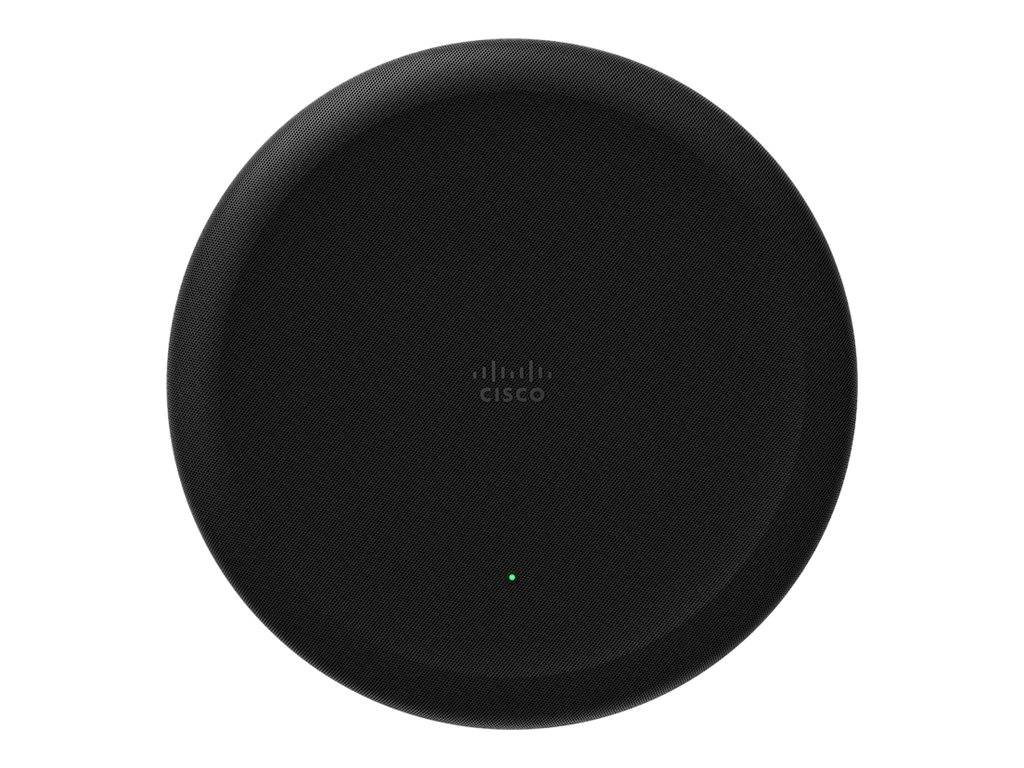 Rundes schwarzes Cisco-Gerät oder einen Lautsprecher von oben gesehen, mit einer kleinen grünen Anzeigelampe in der Nähe der unteren Mitte.