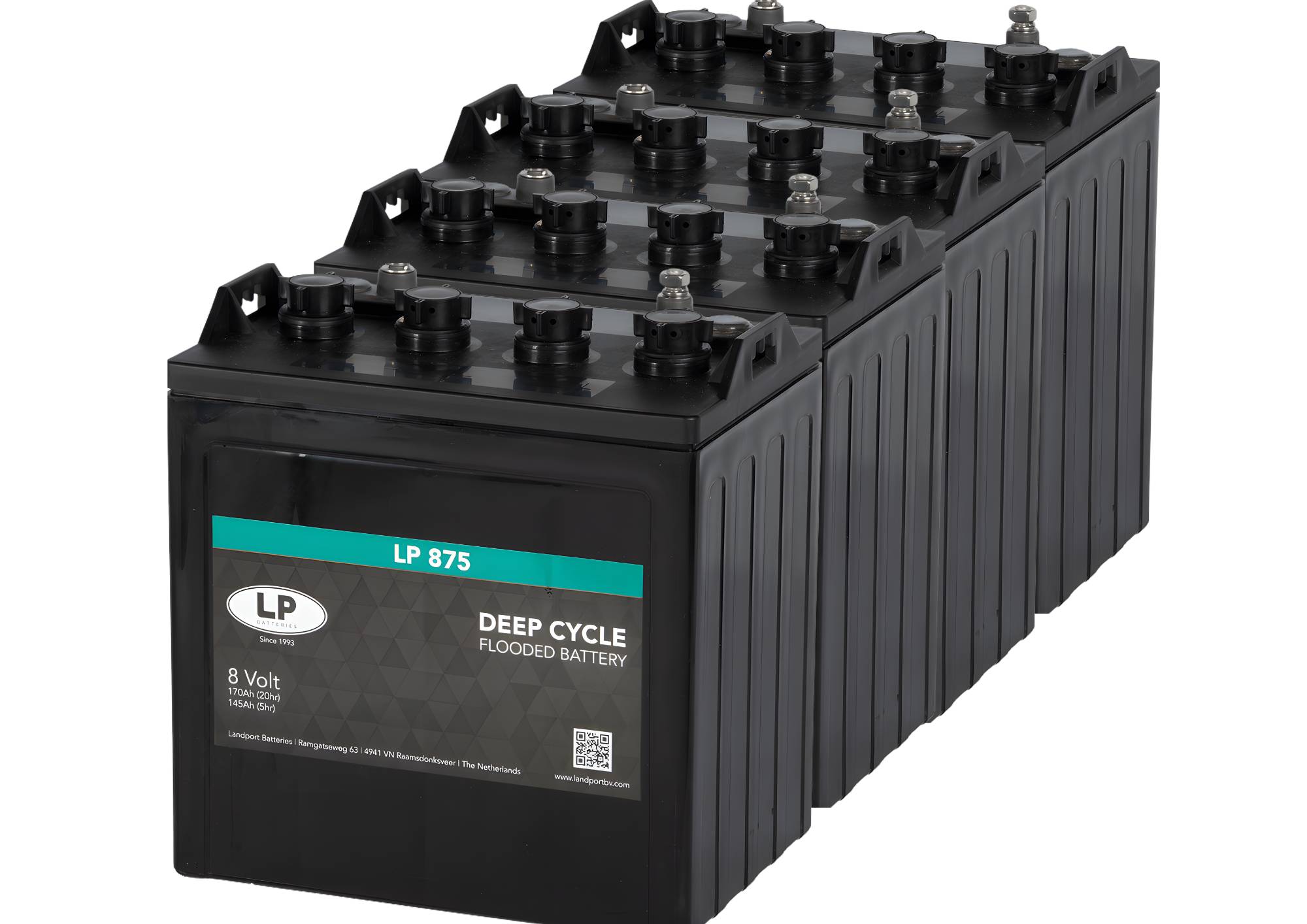Fünf schwarze Deep-Cycle-Blei-Säure-Batterien mit der Bezeichnung „LP 875, 8 Volt
