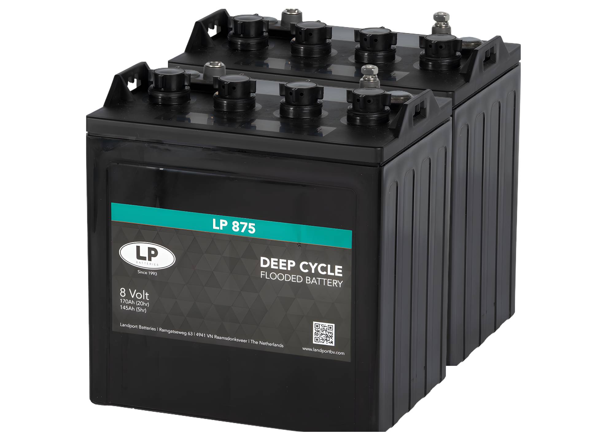 Zwei schwarze Deep-Cycle-Blei-Säure-Batterien mit der Bezeichnung „LP 875