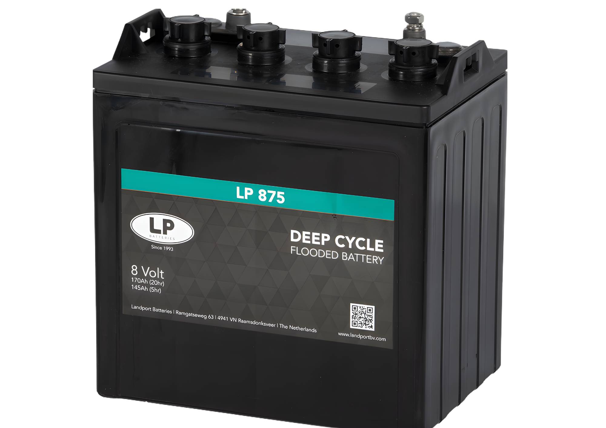 Eine schwarze 8-Volt-LP-875-Batterie mit Tiefentladungszyklen und sechs Anschlüssen oben, gekennzeichnet mit „LP 875