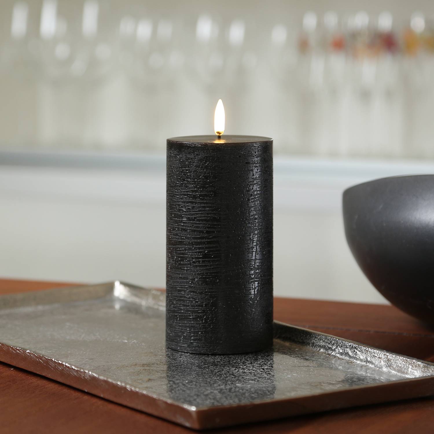 LED Kerze PIA Uyuni Rustik-Optik Echtwachs Timer H: 15cm schwarz bis zu 1000Std.