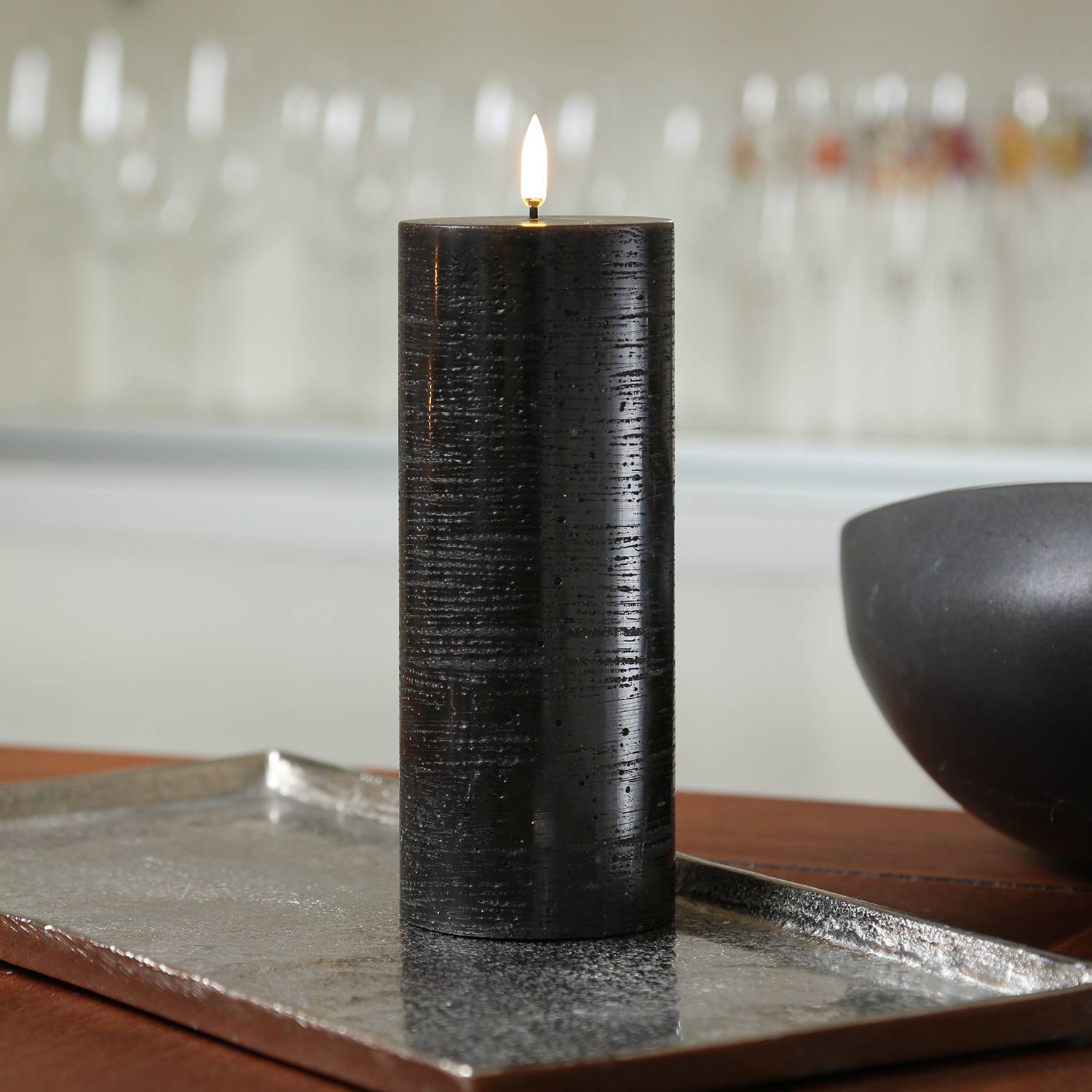 LED Kerze PIA Uyuni Rustik-Optik Echtwachs Timer H: 20cm schwarz bis zu 1000Std.