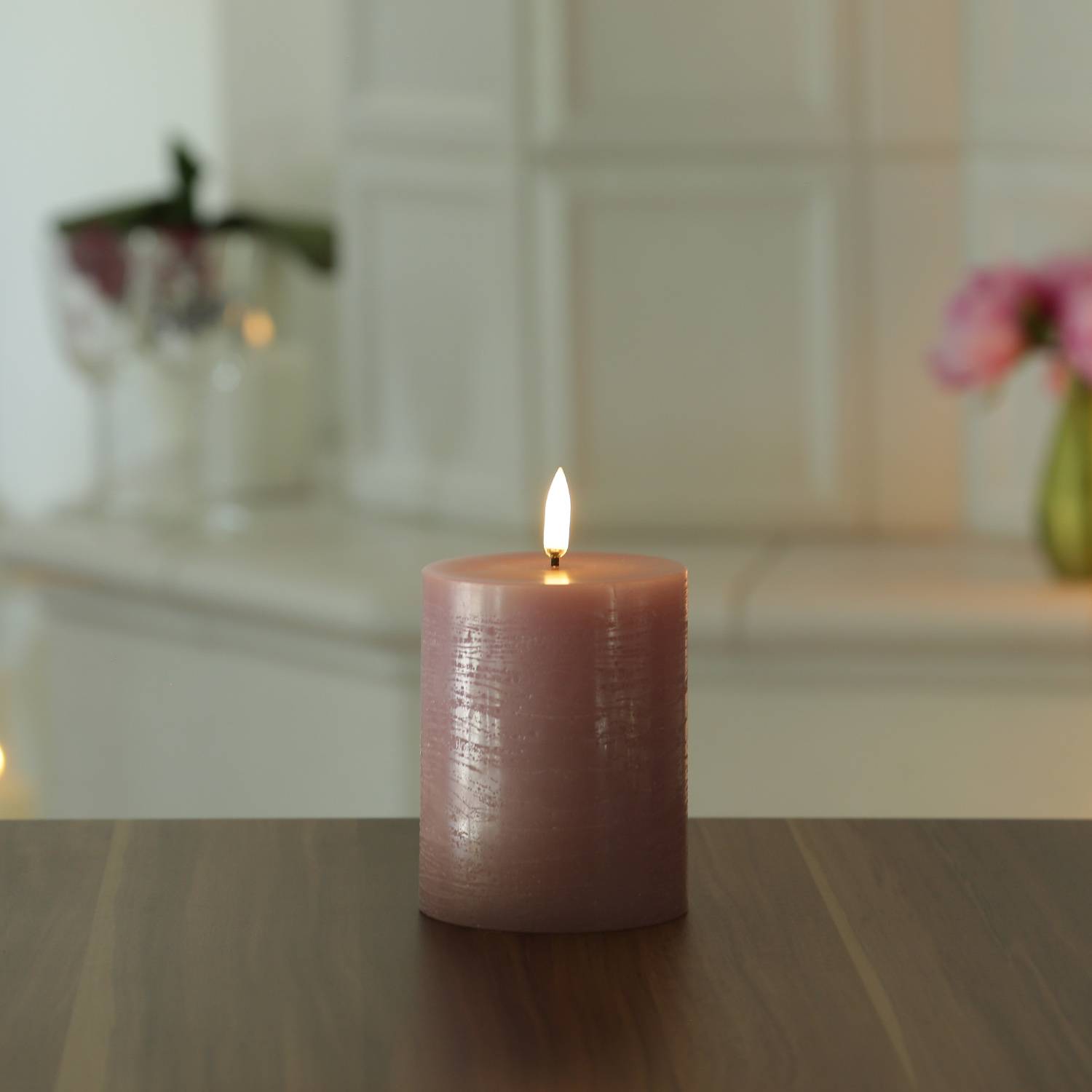 LED Kerze PIA Uyuni Rustik-Optik Echtwachs Timer H: 10cm bis zu 1000Std. Rosa