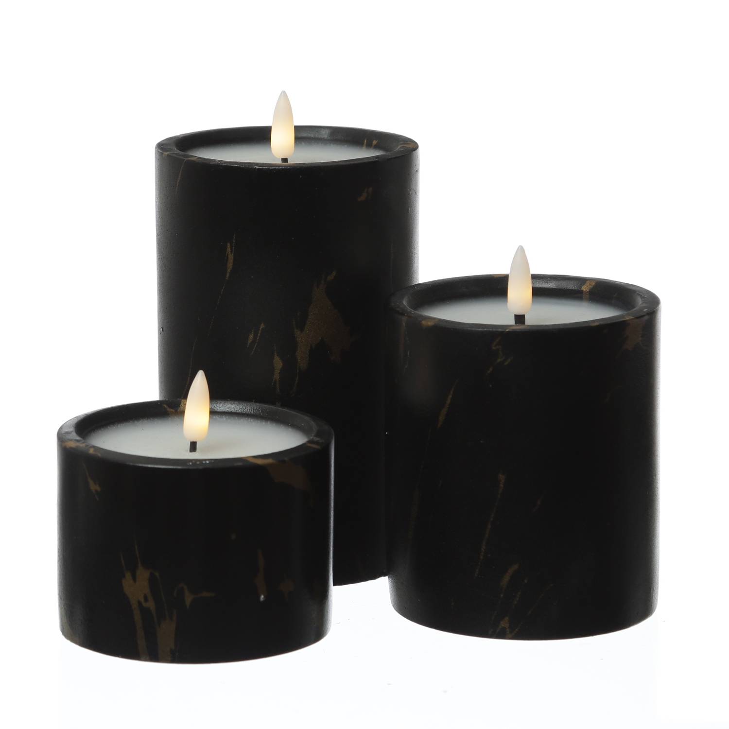LED Kerze in Marmoroptik Zement Wachs 3D Flamme Timer H: 8,5cm D: 9cm schwarz