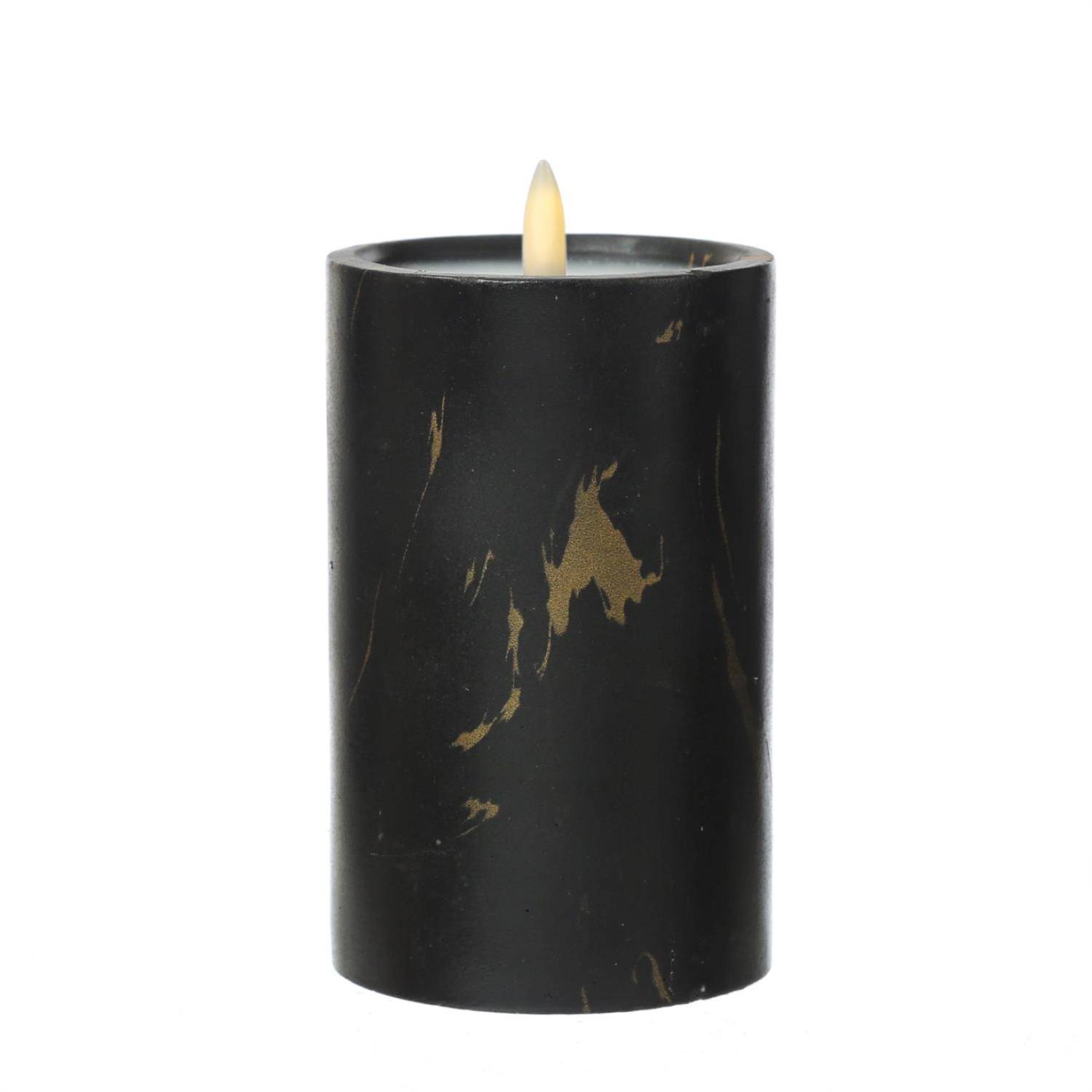 LED Kerze in Marmoroptik Zement Wachs 3D Flamme Timer H: 16cm D: 9cm schwarz