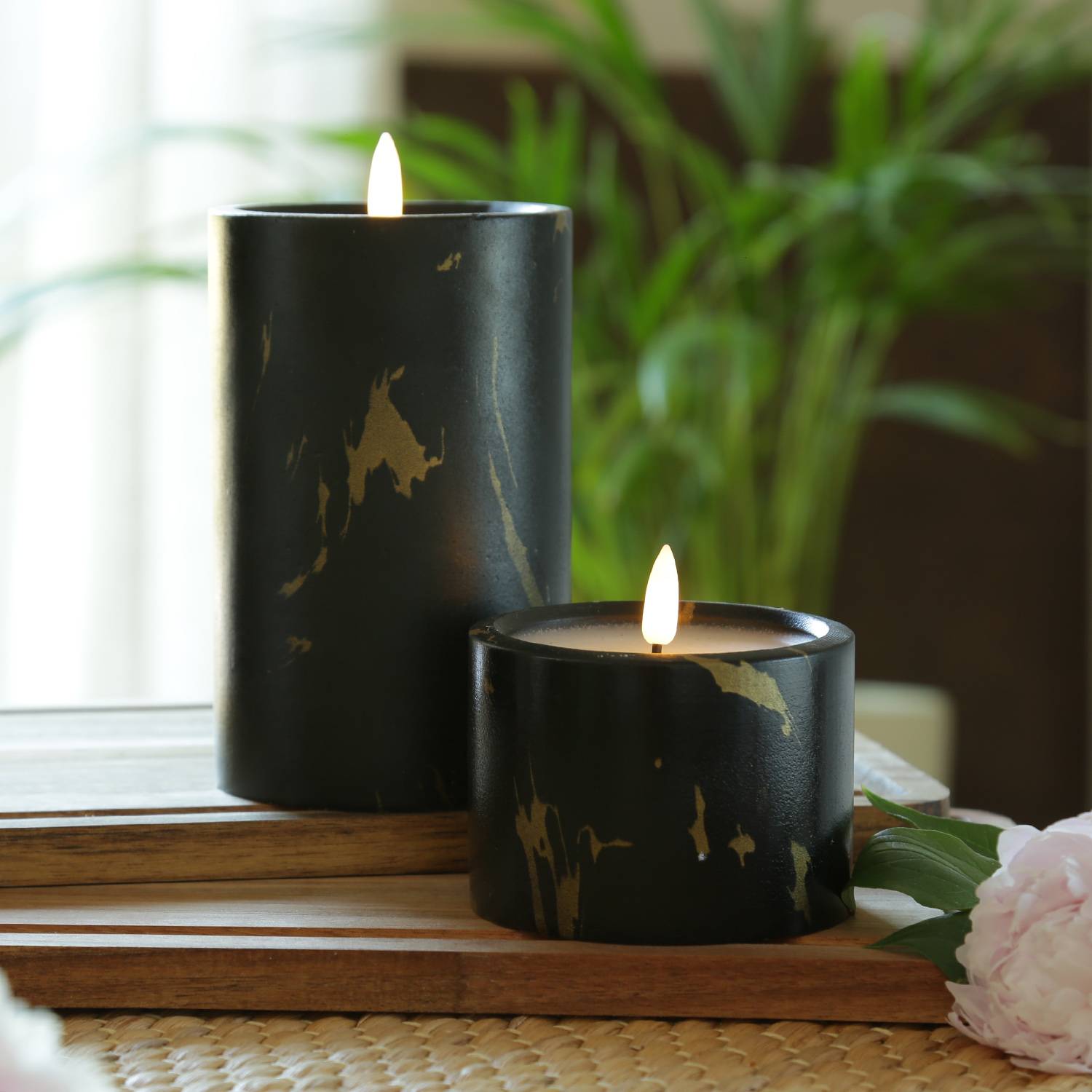 LED Kerze in Marmoroptik Zement Wachs 3D Flamme Timer H: 16cm D: 9cm schwarz
