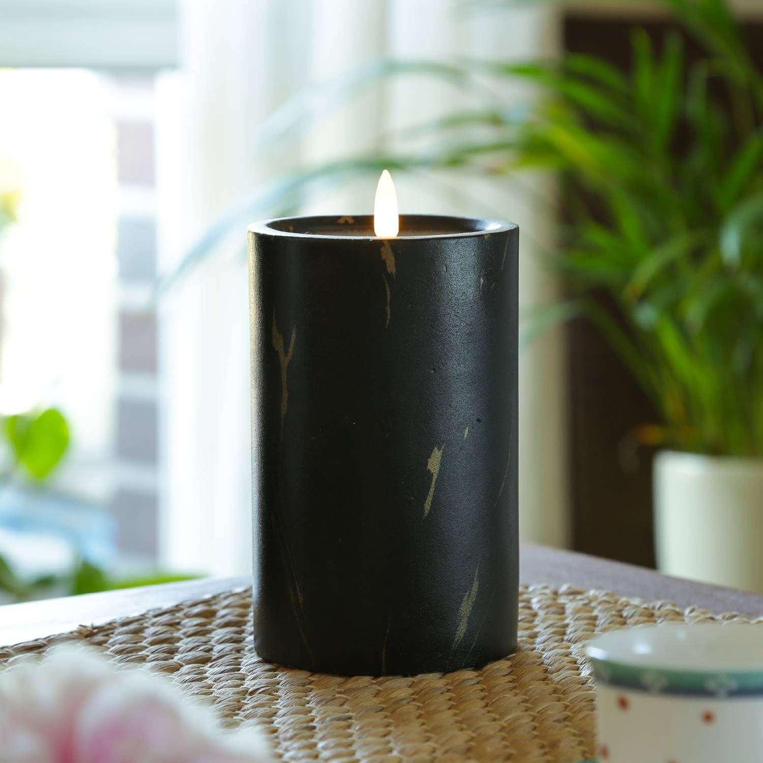 LED Kerze in Marmoroptik Zement Wachs 3D Flamme Timer H: 16cm D: 9cm schwarz