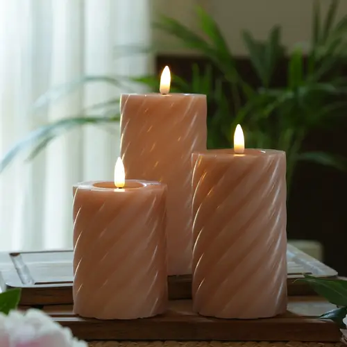 LED Kerze Twist Echtwachs gedrehte Stumpenkerze flackernd H:12,5cm Timer altrosa LED Kerze Twist Echtwachs gedrehte Stumpenkerze flackernd H:12,5cm Timer altrosa