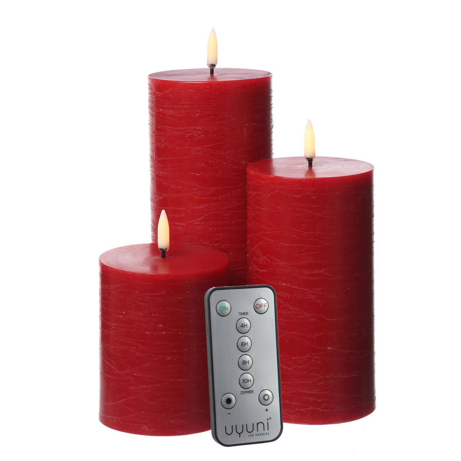 LED Kerzenset PIA Rustik-Optik Adventskerzen 3er Set rot mit Batterien/Fernb.