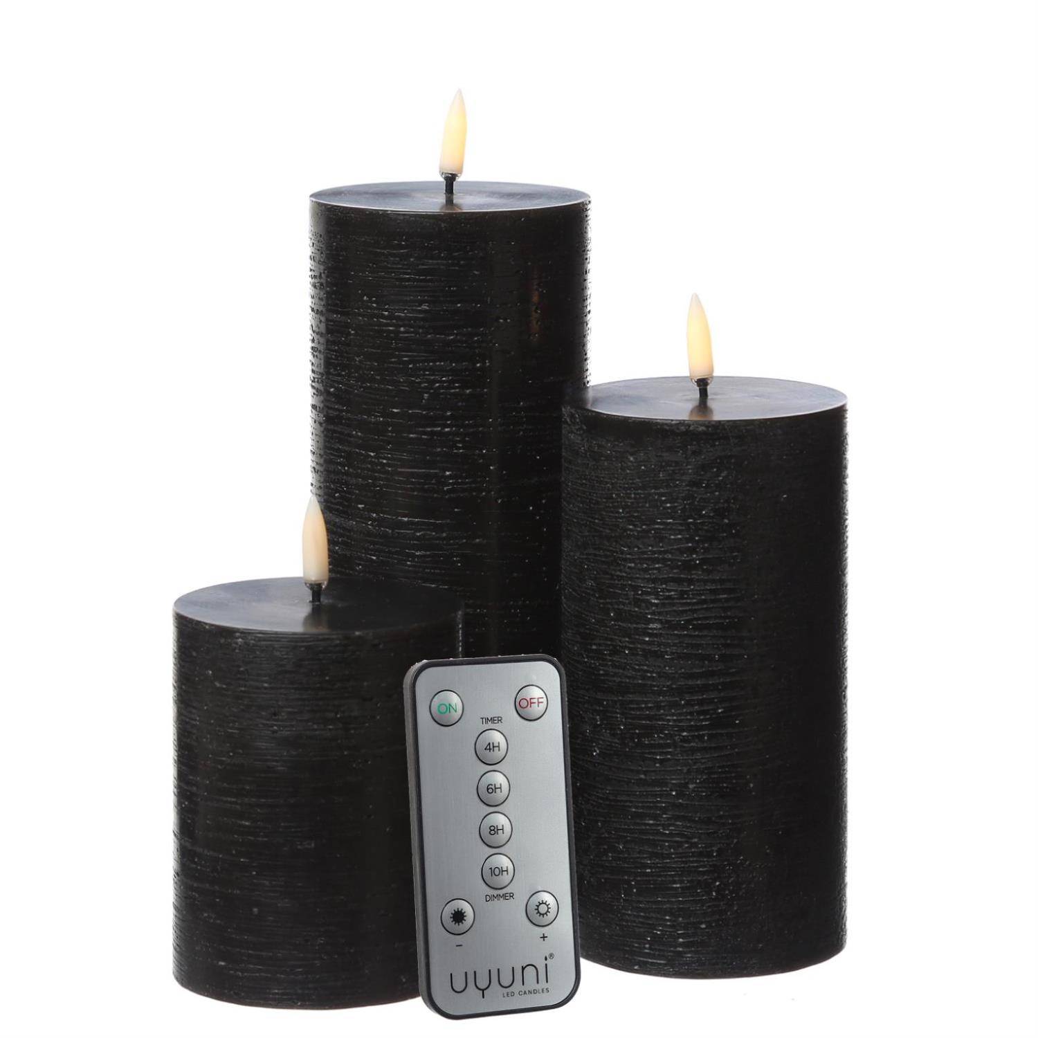 LED Kerzenset PIA Rustik-Optik Adventskerzen 3er Set schwarz mit Batterien/Fernb