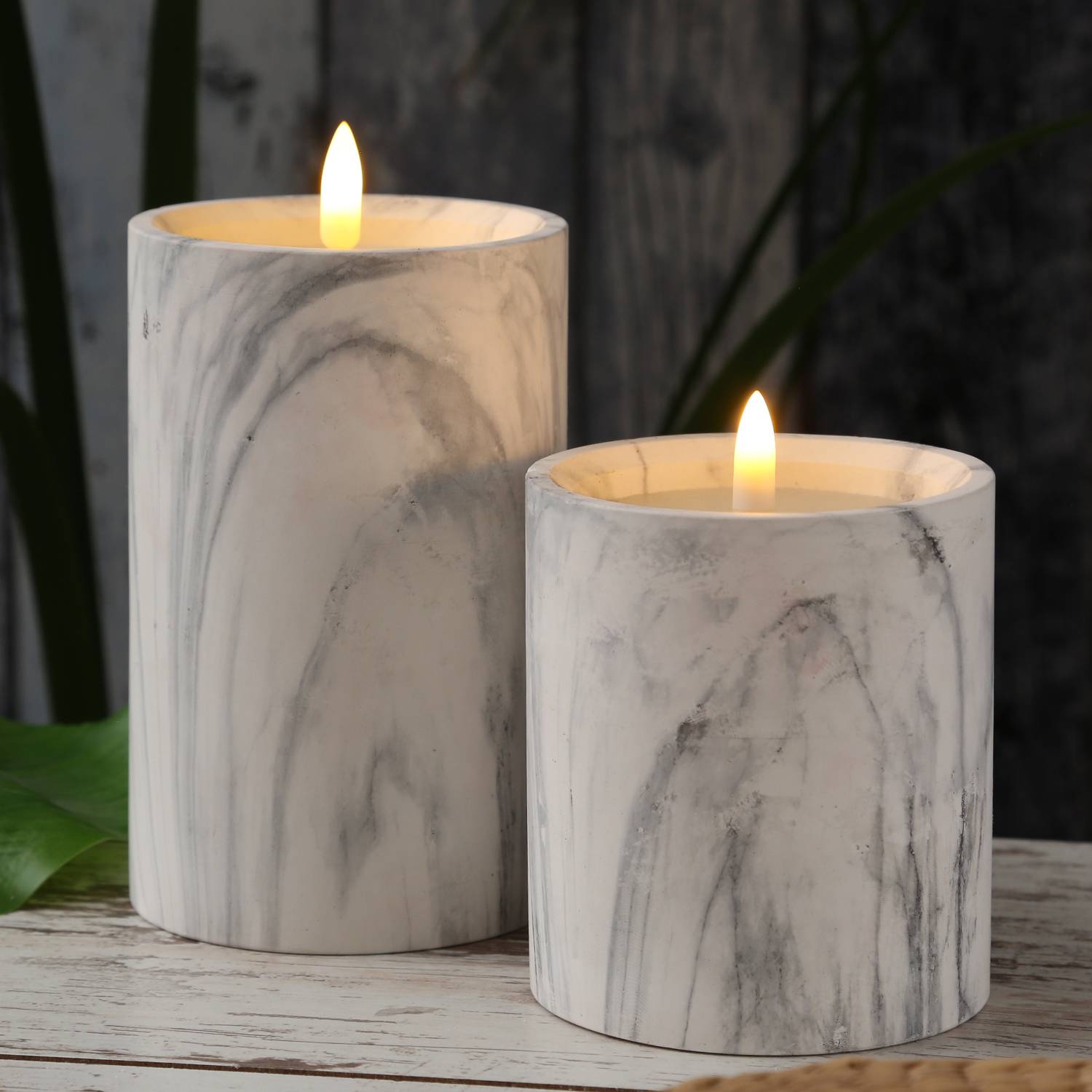 LED Kerze in Marmoroptik Zement Wachs 3D Flamme Timer H: 12cm D: 9cm grau