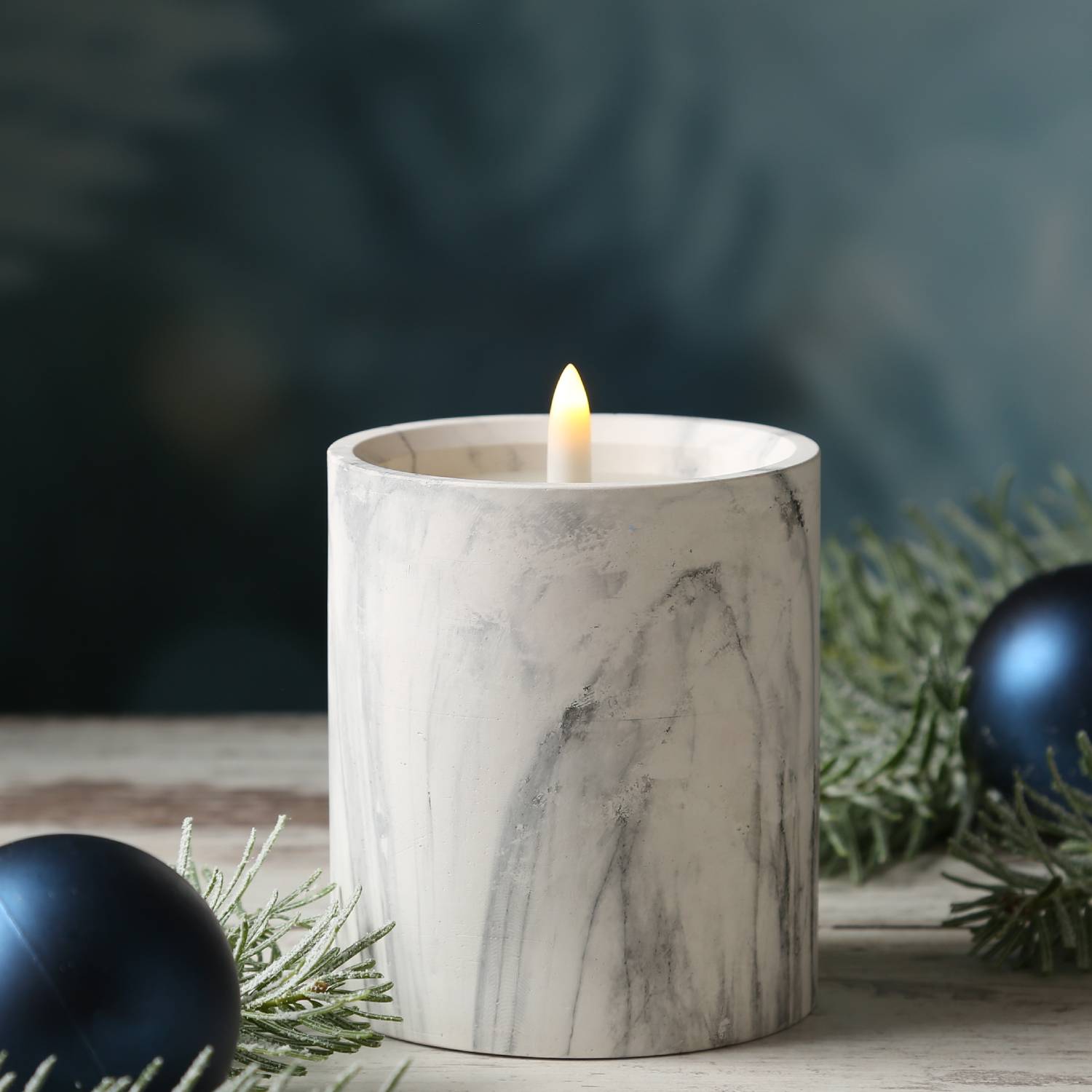 LED Kerze in Marmoroptik Zement Wachs 3D Flamme Timer H: 12cm D: 9cm grau