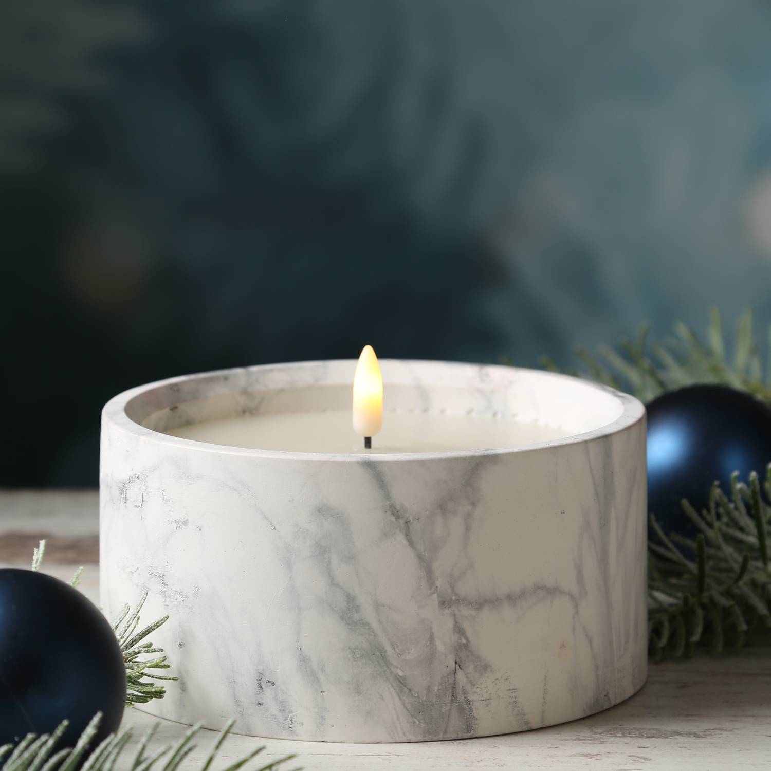 XL LED Kerze Marmoroptik Zement Wachs natürliche 3D Flamme Timer D: 15cm grau