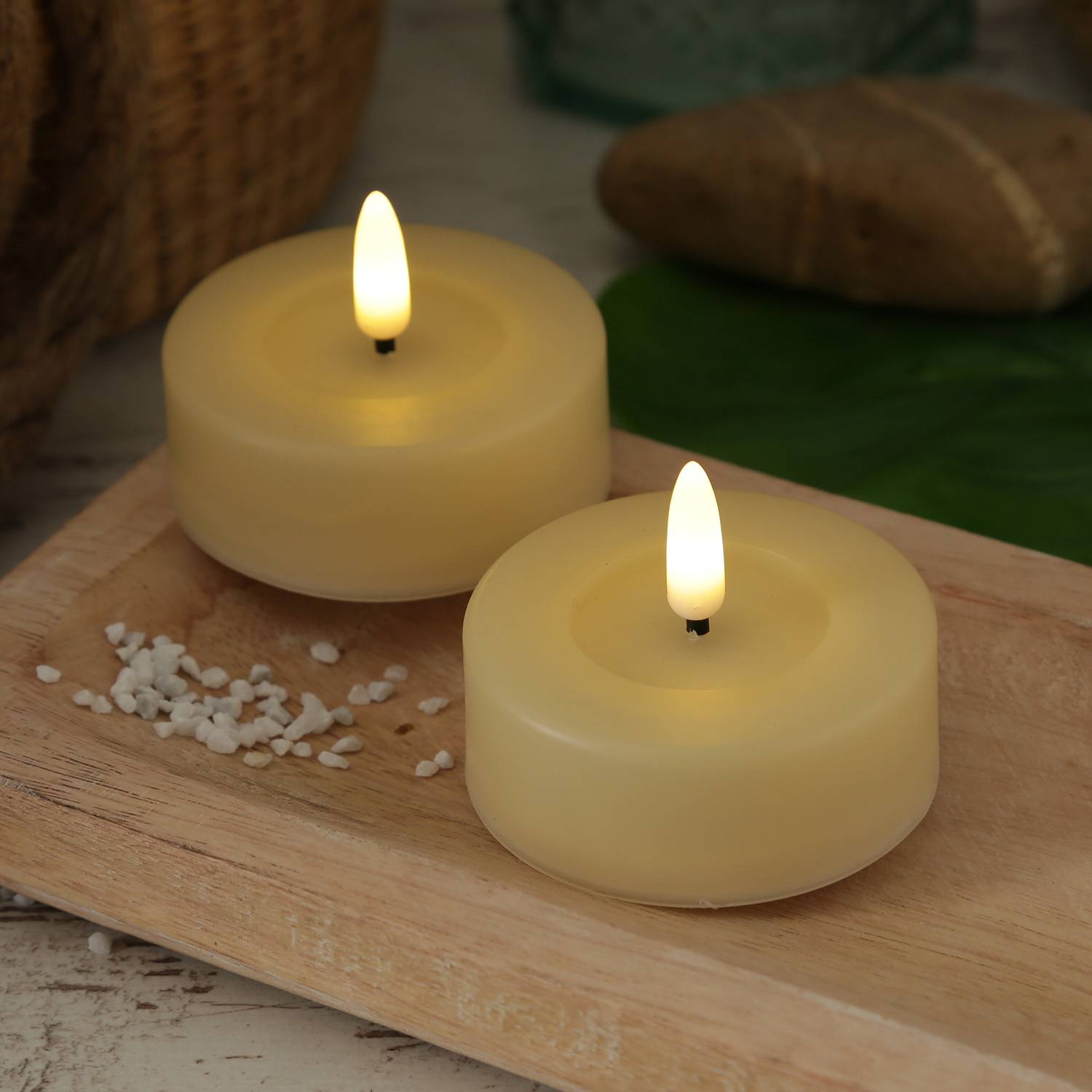 LED Maxi Teelichter XL Jumbo Outdoor für Außen Timer D: 6,5cm creme 2er Set