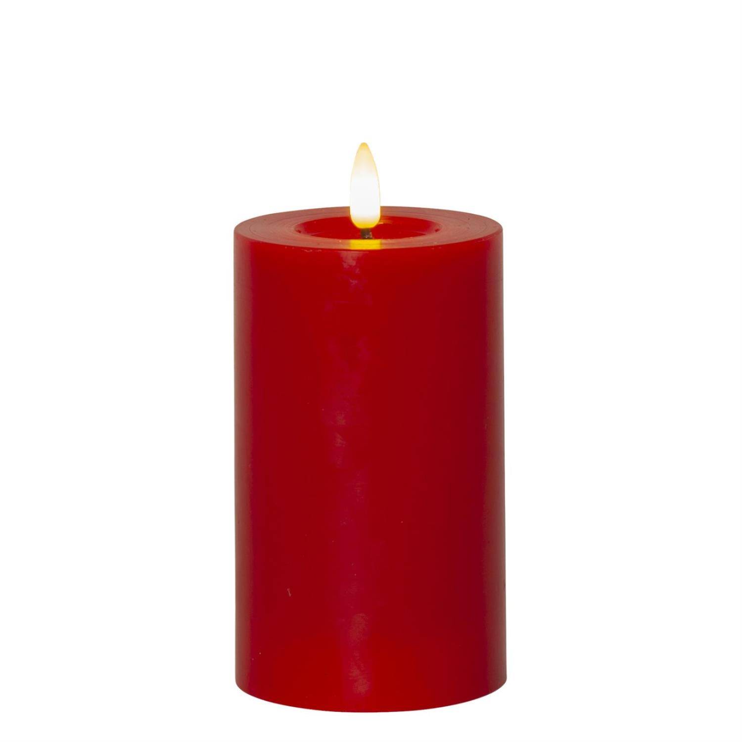 LED Stumpenkerze LINA Echtwachs realistische 3D Flamme Wachsspiegel 15cm rot