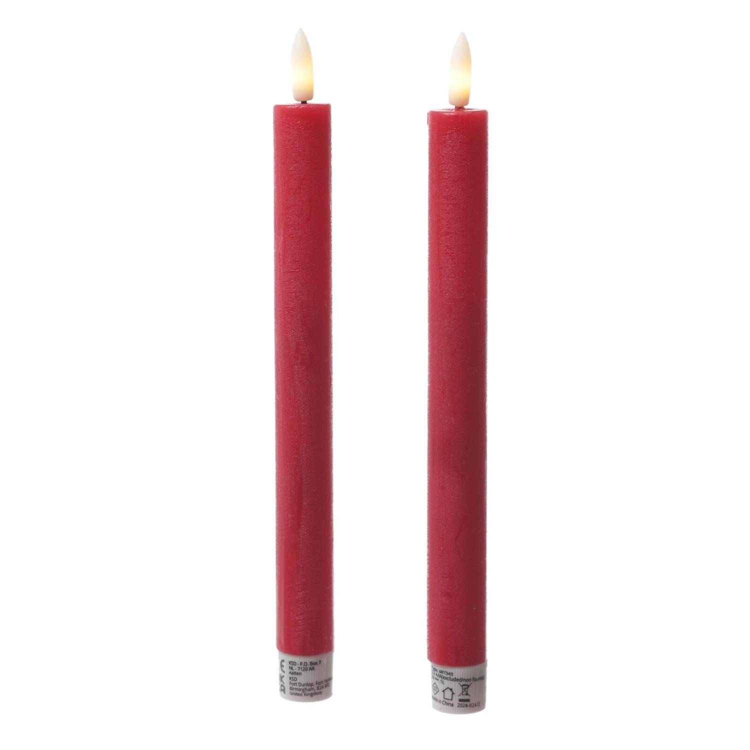 LED Stabkerzen Tafelkerzen Spitzkerzen Echtwachs Rustik Optik H: 24cm rot 2St