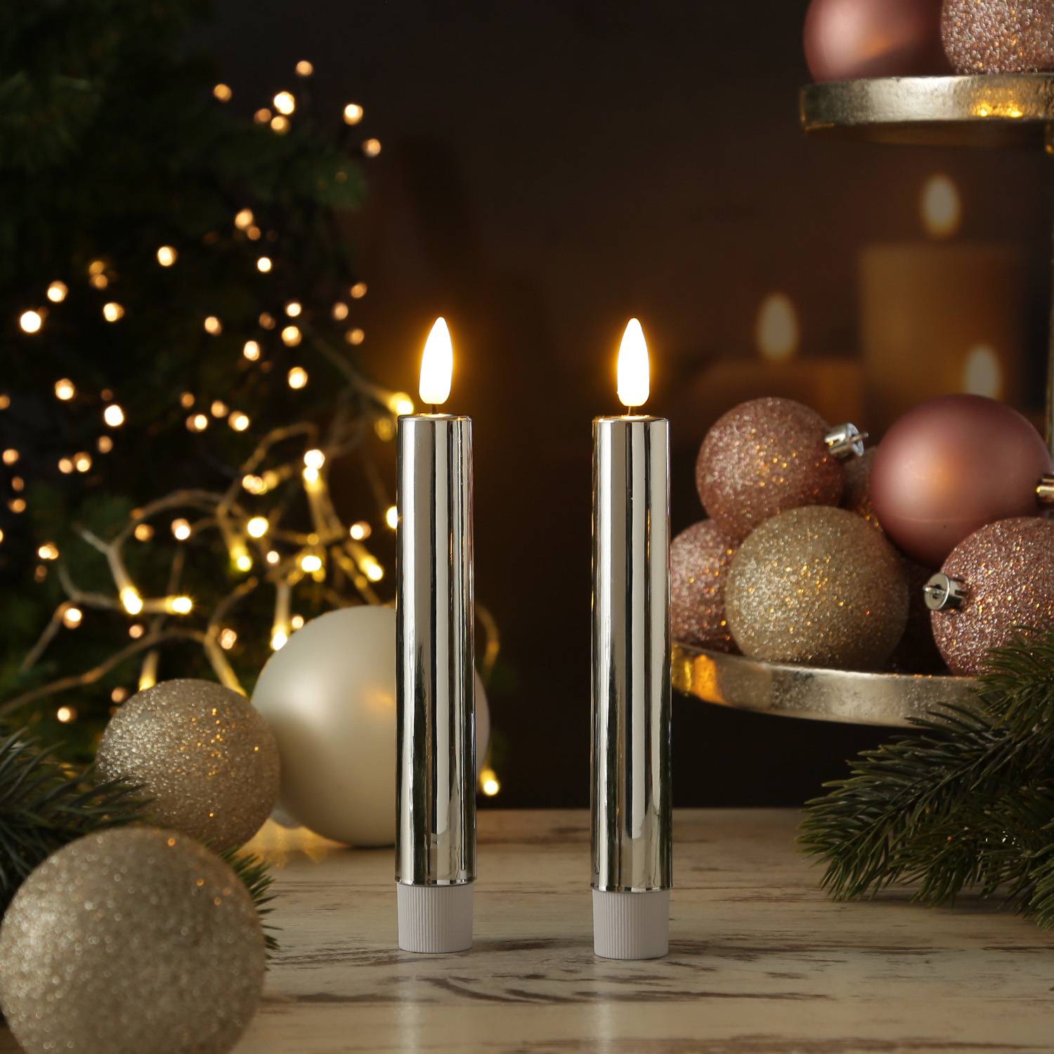 LED Stabkerzen Dinnerkerzen Tafelkerzen Spitzkerzen 17cm silber glänzend 2St