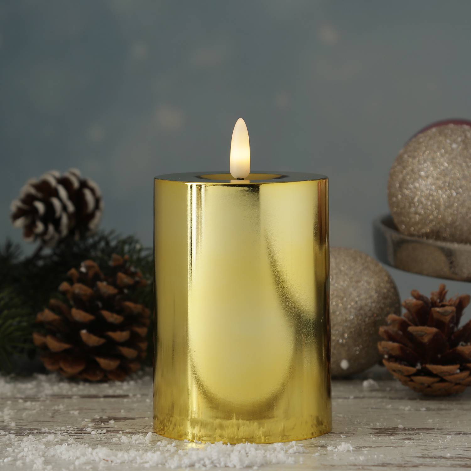 LED Kerze gold glänzend festliche Kunststoff Stumpenkerze Timer H: 12,5cm