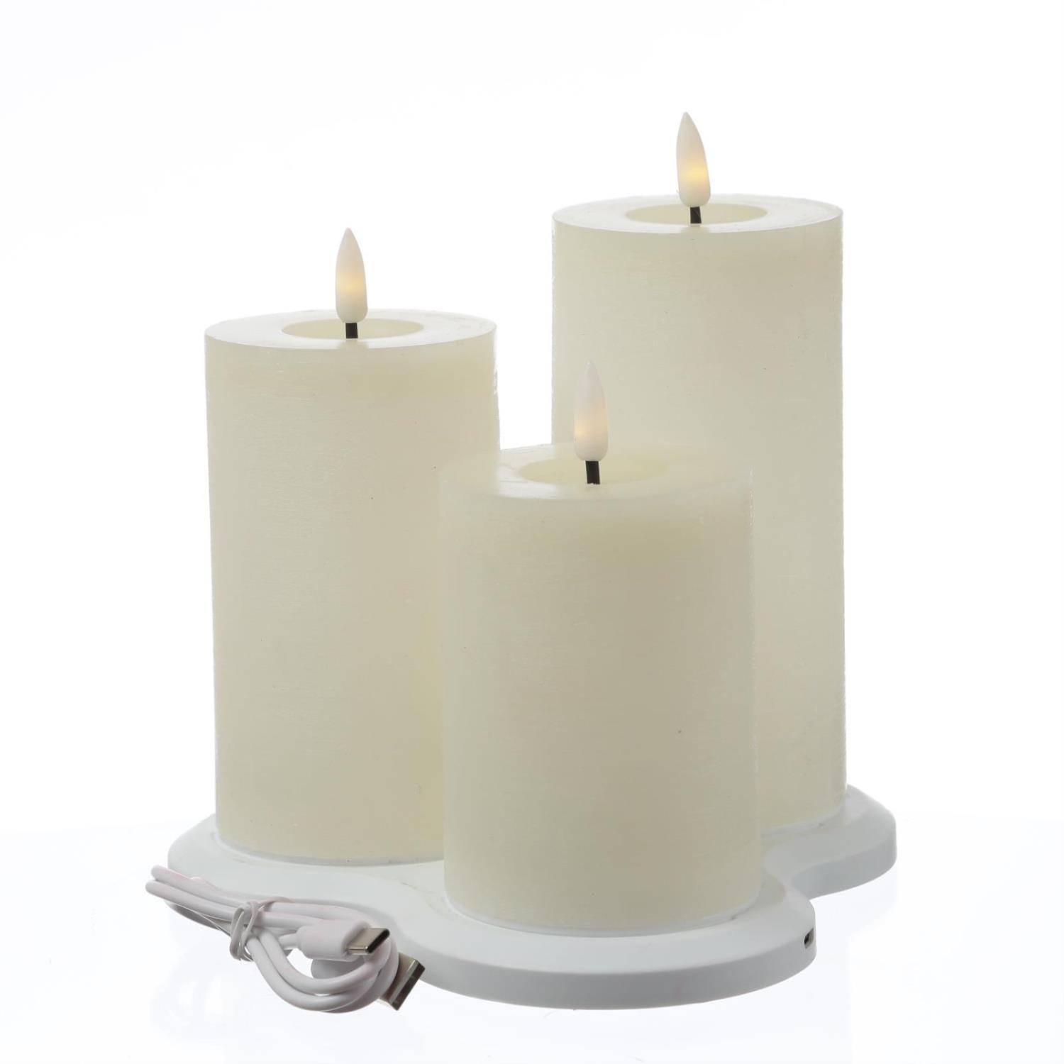 LED Kerzenset LISA Rustik Optik Echtwachskerzen wiederaufladbar creme 3er Set