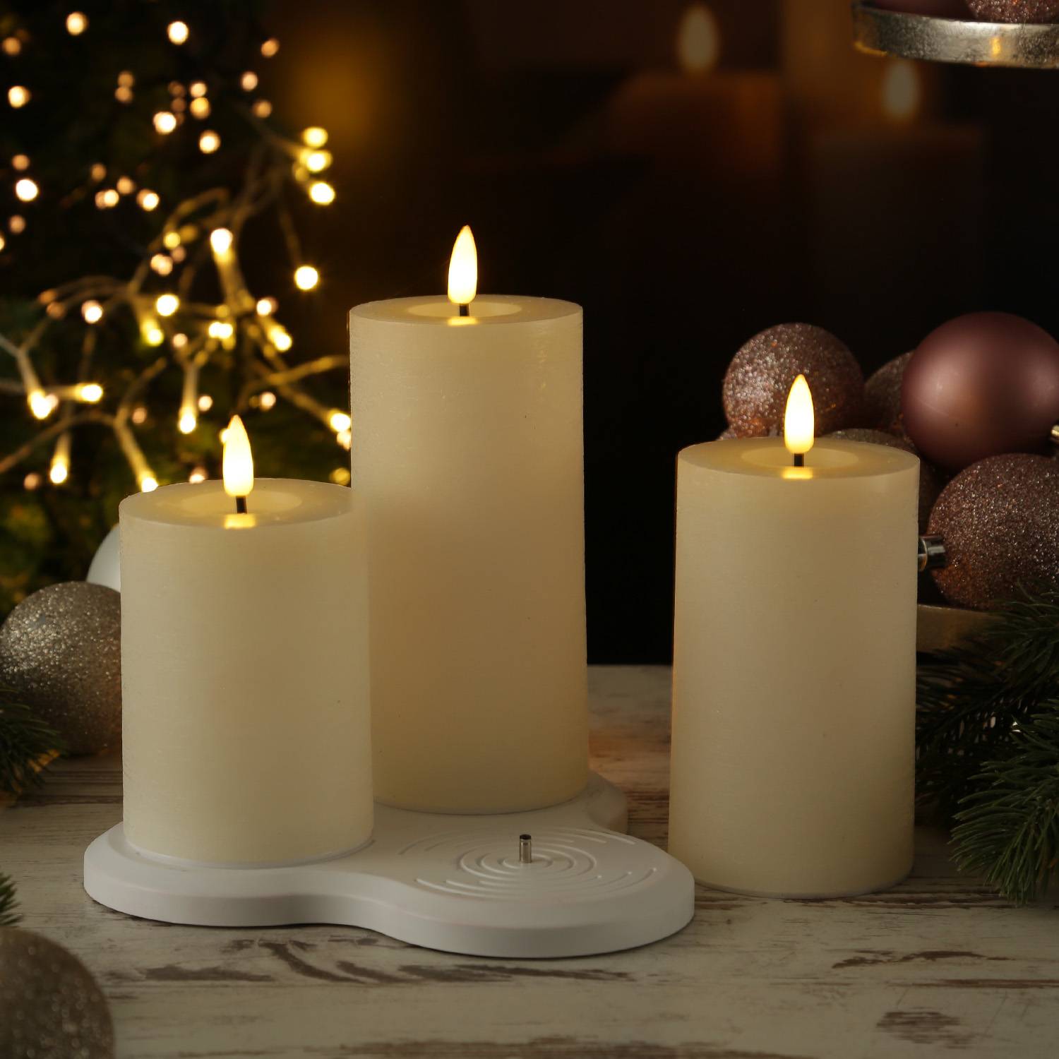 LED Kerzenset LISA Rustik Optik Echtwachskerzen wiederaufladbar creme 3er Set