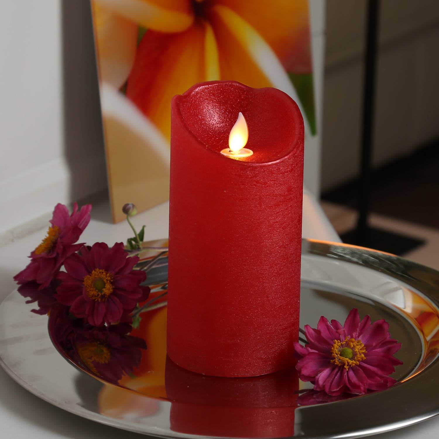 LED Echtwachs Kerze mit beweglicher Flamme Rustik-Optik H: 15cm Timer rot