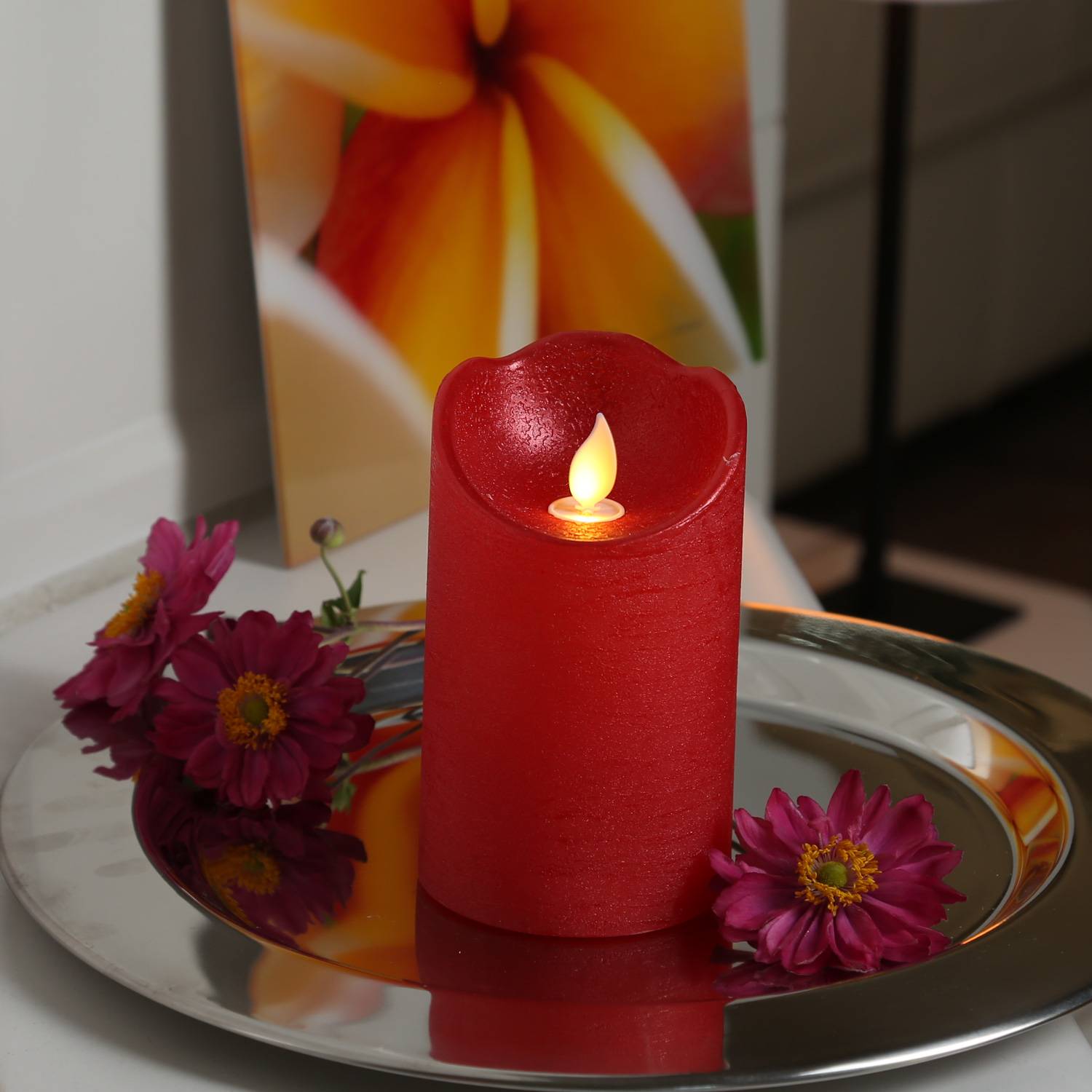 LED Echtwachs Kerze mit beweglicher Flamme Rustik-Optik H: 12,5cm Timer rot