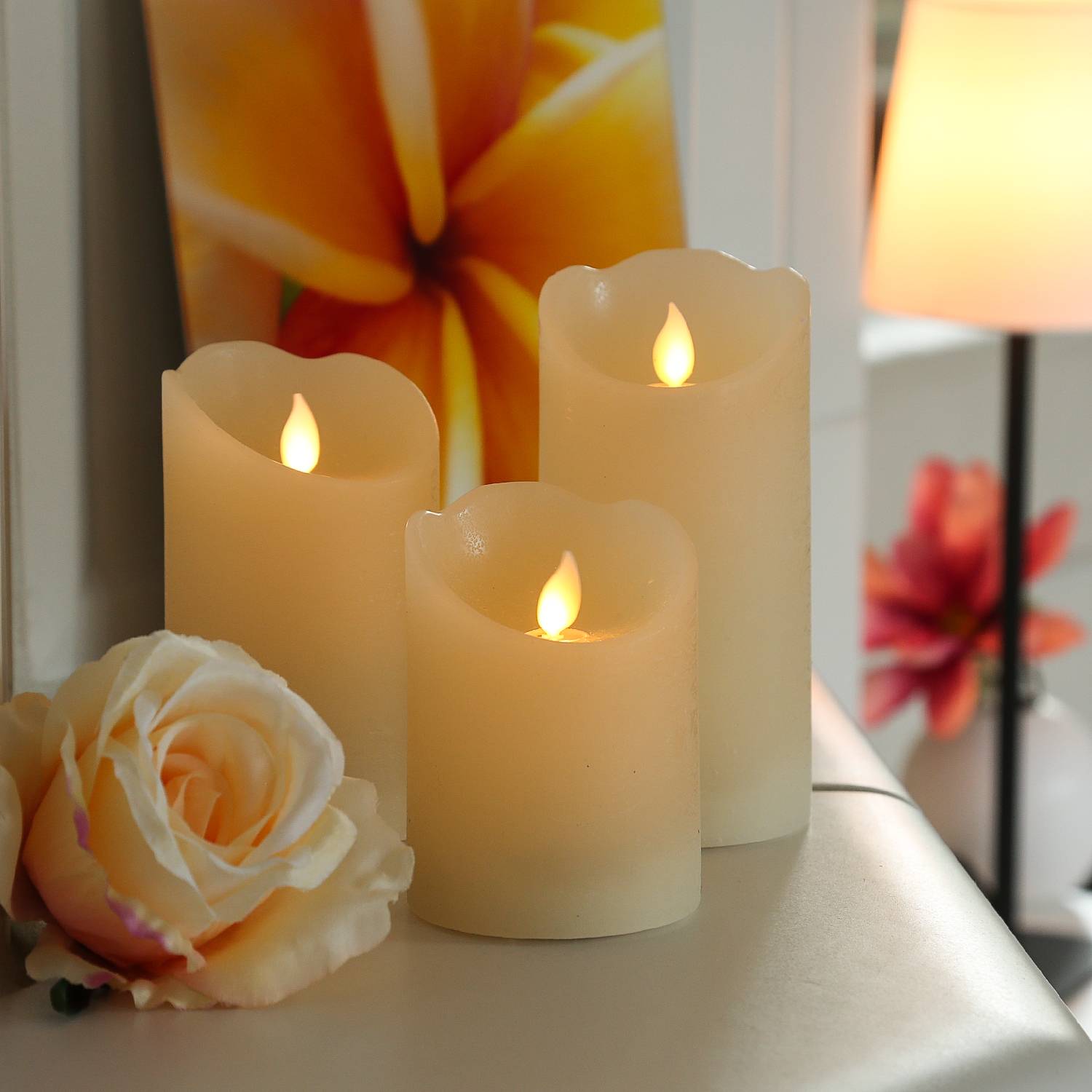 LED Kerzenset Rustik-Optik mit beweglicher Flamme Fernbedienung creme 3er Set