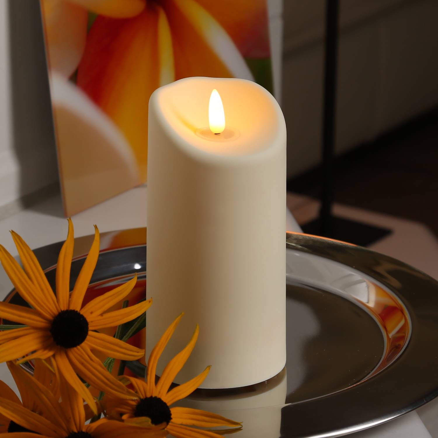 LED Kerze für Außen Garten Balkon flackernd Timer H: 17,5cm D: 7,5cm creme