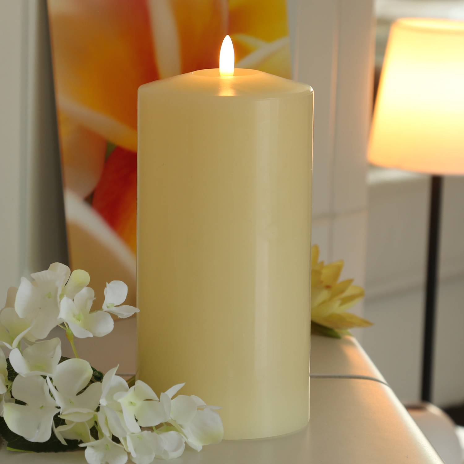 LED Kerze Stumpen Kirchenkerze Echtwachs flackernd H: 22cm Batterie Timer creme