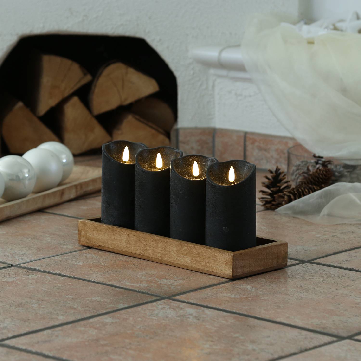 LED Kerzenset Rustik Optik Advent Echtwachs H: 15cm flackernd Timer schwarz 4St