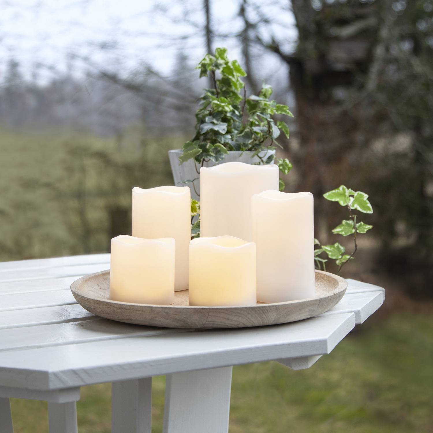 LED Kerzenset Kunststoff outdoor flackernde LED Timer für Außen 5er Set creme