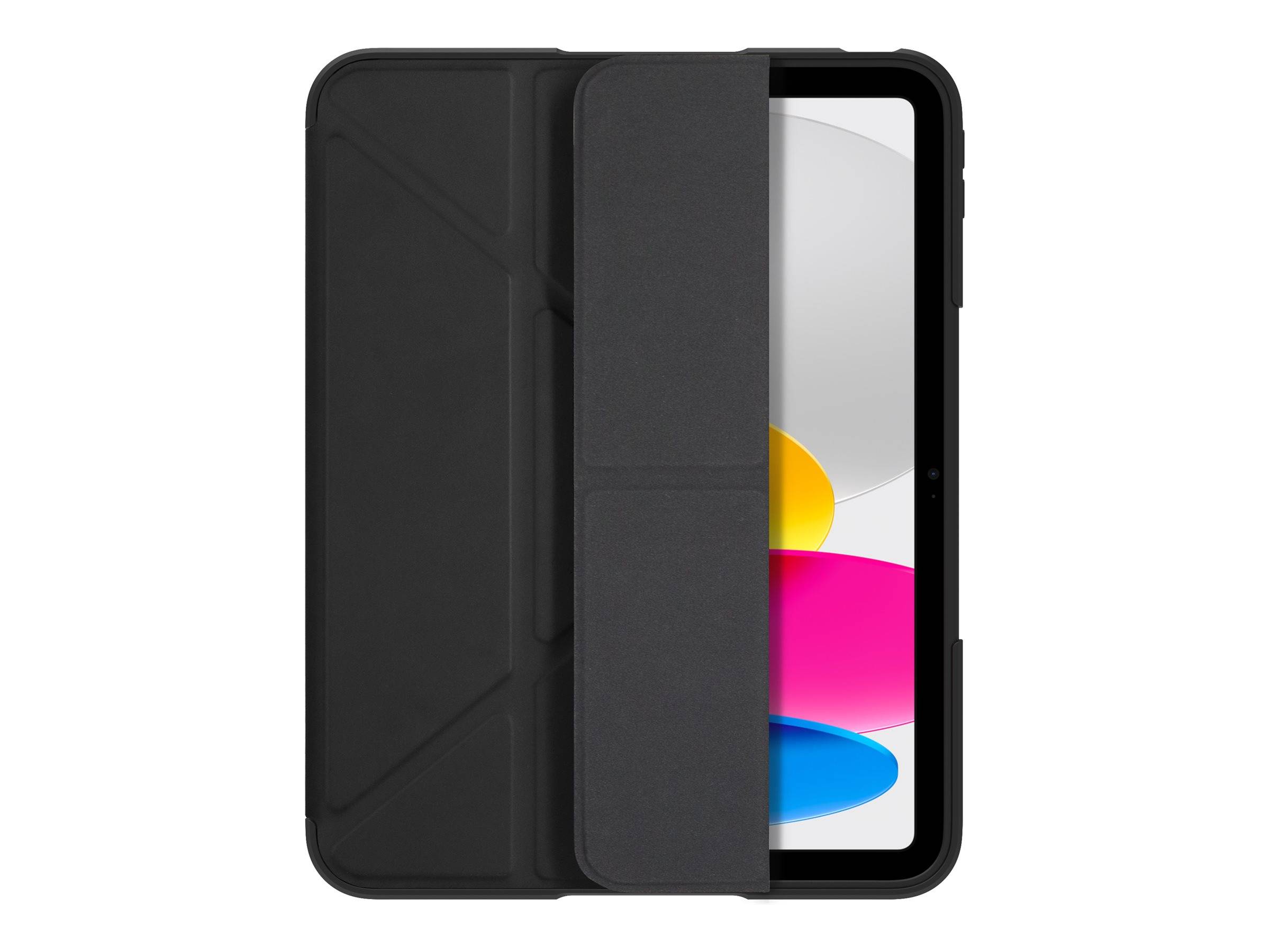 Eine schwarze Tablet-Hülle, teilweise geöffnet, die einen Bildschirm zeigt, der einen bunten abstrakten Hintergrund mit geschwungenen Formen in Weiß, Gelb, Rosa und Blau präsentiert.