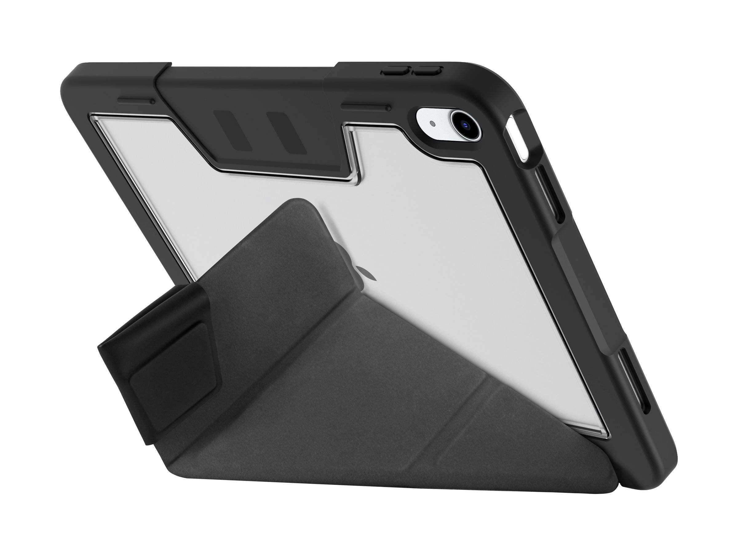 Ein Tablet in einem schlanken schwarzen Etui mit einem klappbaren Ständer, in einem leichten Winkel positioniert.