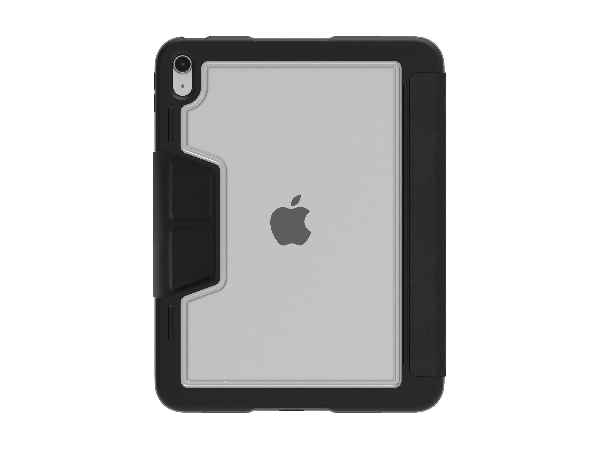 Ein schwarzes und graues Schutzgehäuse für ein Tablet, das eine Aussparung freilegt, die das Rückenlogo zeigt. Das Gehäuse verfügt über eine strukturierte Griffzone für bessere Handhabung.