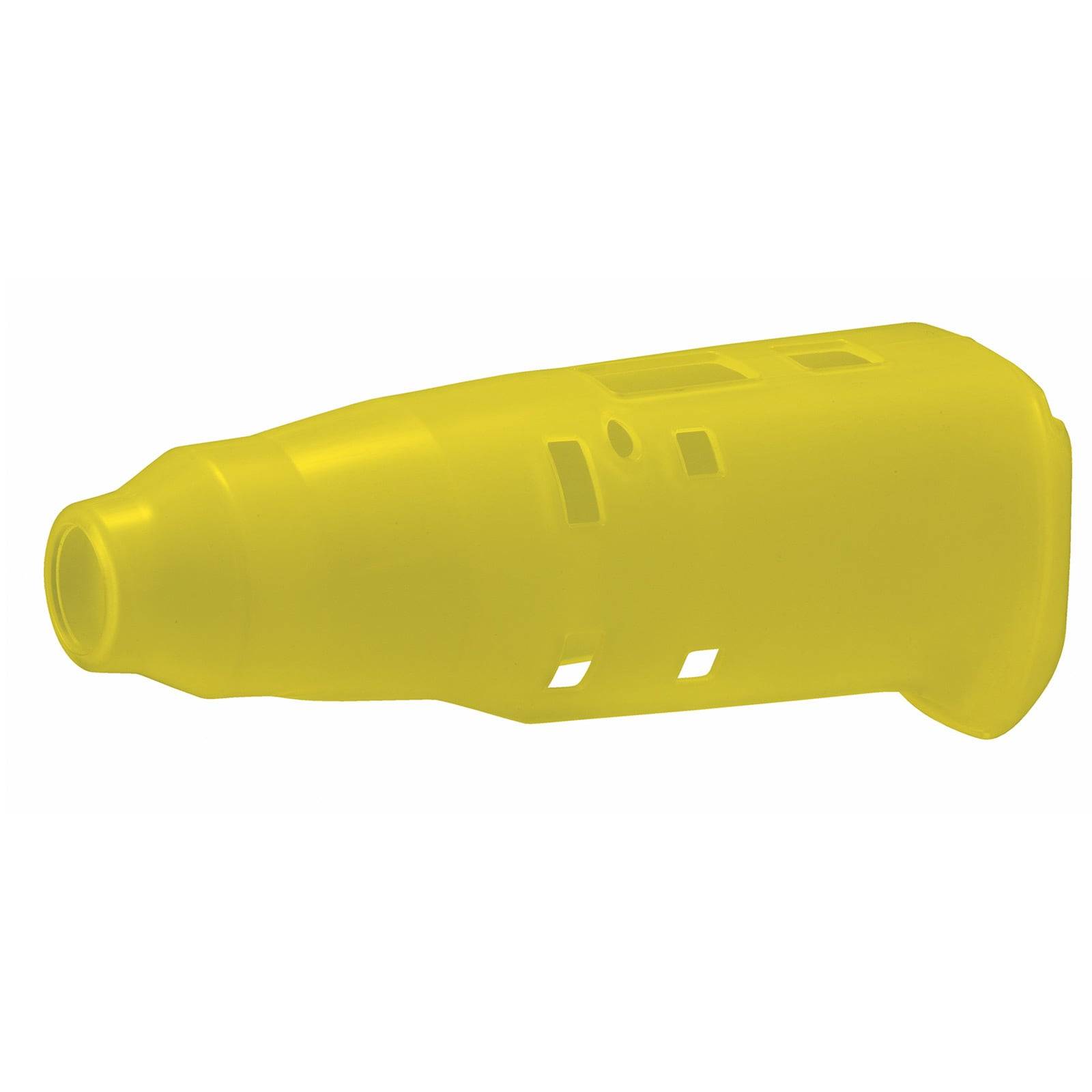 Eine gelbe Plastikkomponente mit mehreren Schlitzen und Öffnungen, höchstwahrscheinlich eine Schutzabdeckung oder Teil eines mechanischen Geräts.