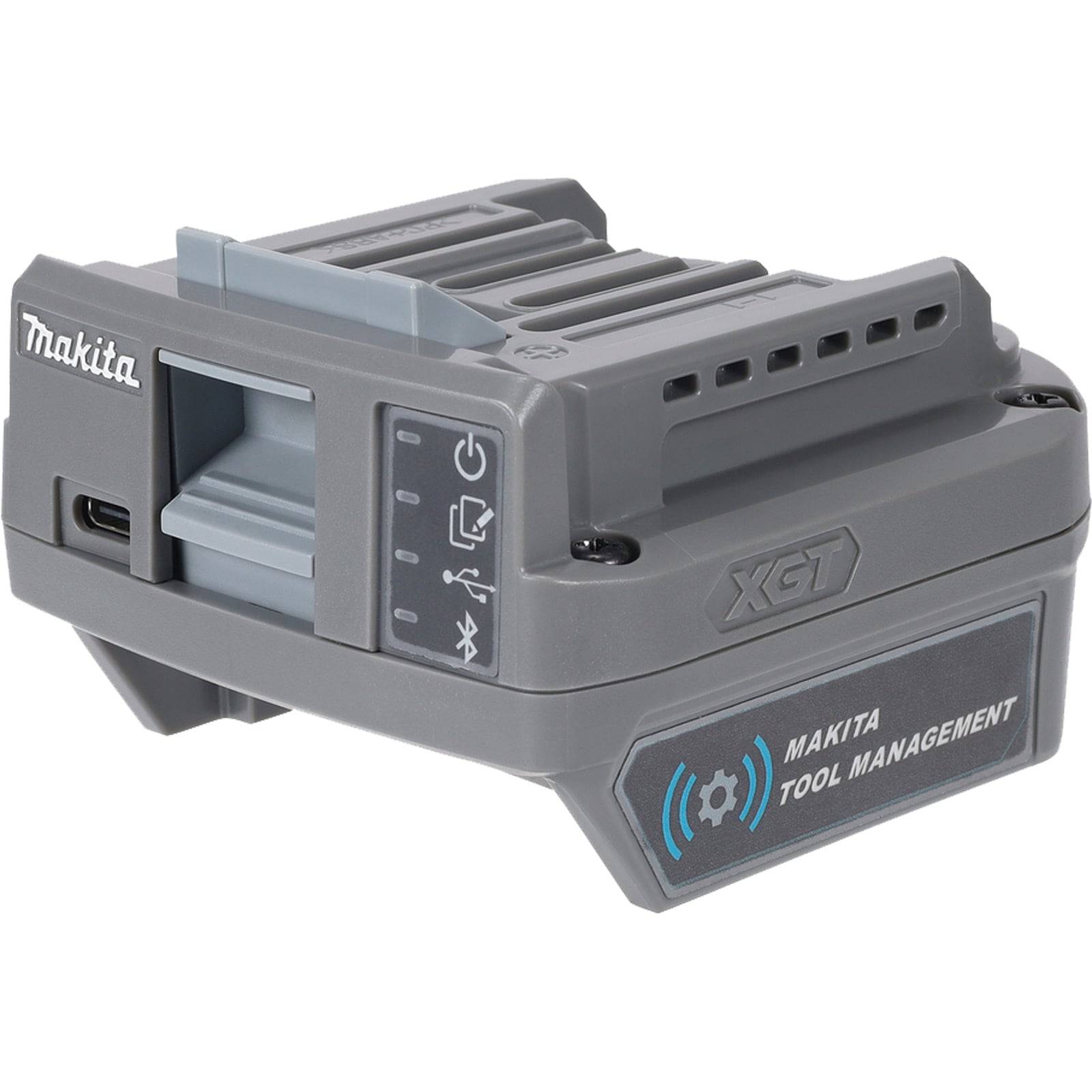 Ein grauer Makita XGT Werkzeugmanagement-Gerät mit einem USB-Anschluss und Anzeigelampen, verwendet zur Verwaltung von Elektrowerkzeugen.