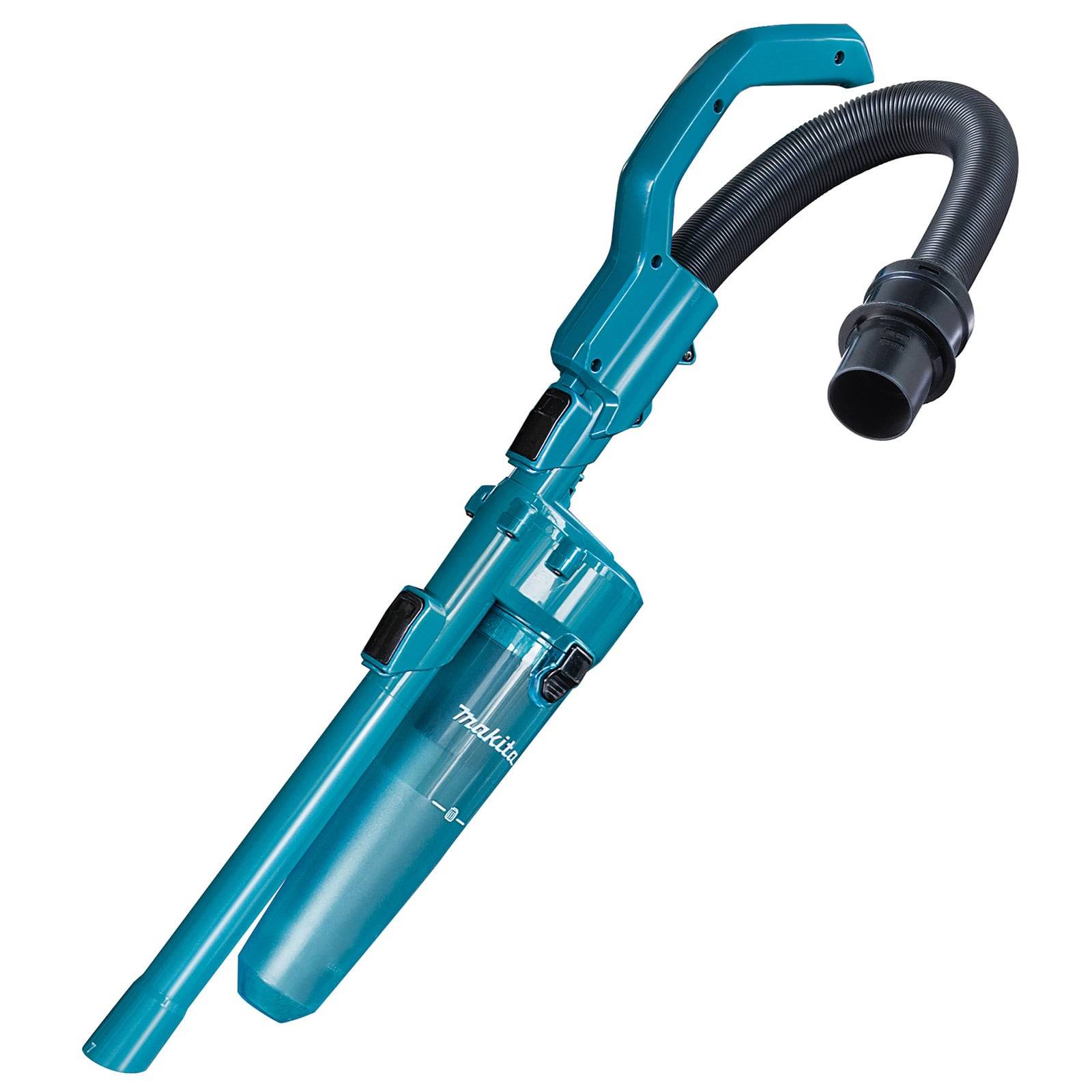 Ein türkisfarbener handlicher Staubsauger mit abnehmbarer Düse und schwarzem flexiblem Schlauch, entwickelt für leichtgewichtige, ergonomische Reinigung.