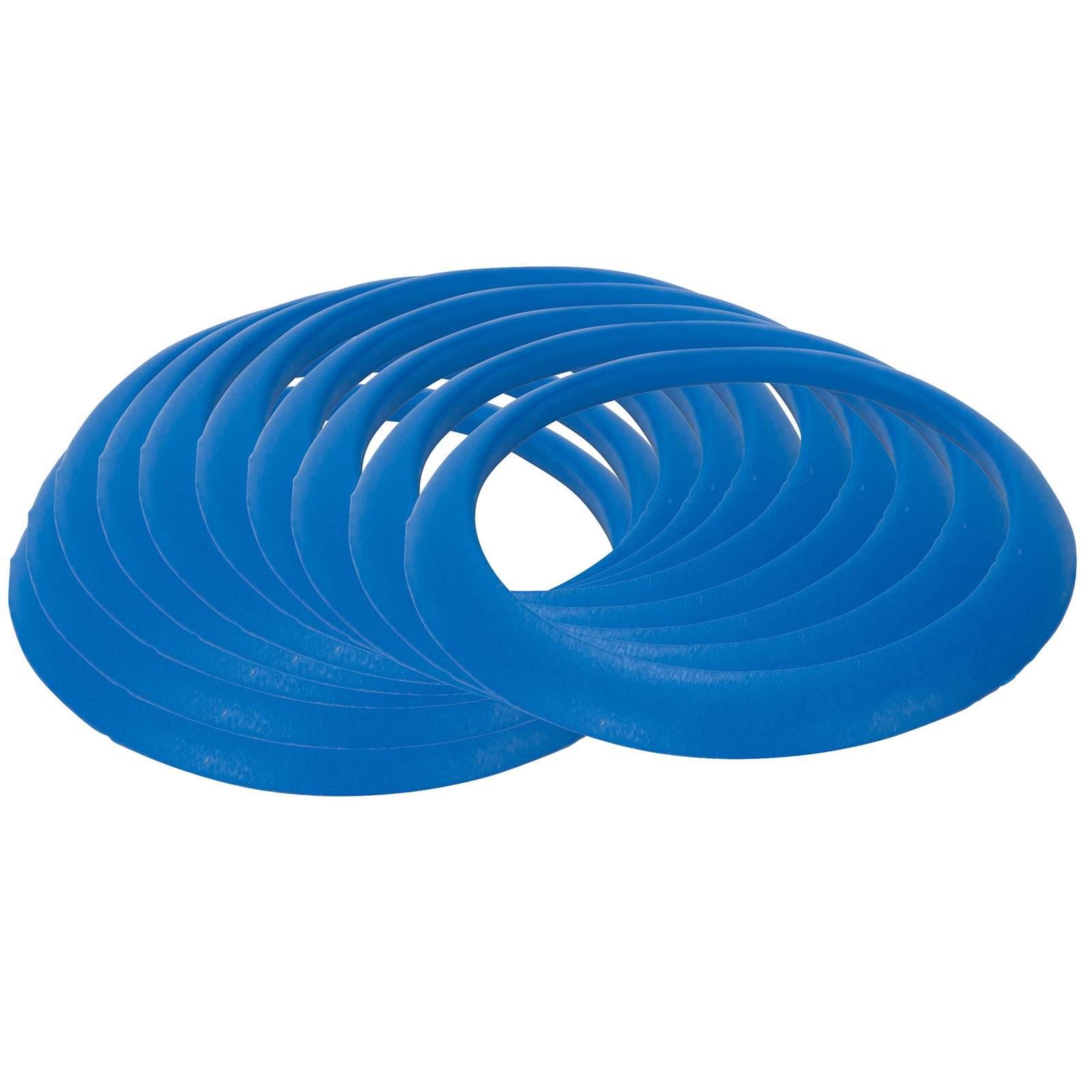 Eine Reihe von zehn blauen Gummischeiben, die sich überlappen und in einem kreisförmigen Muster angeordnet sind.