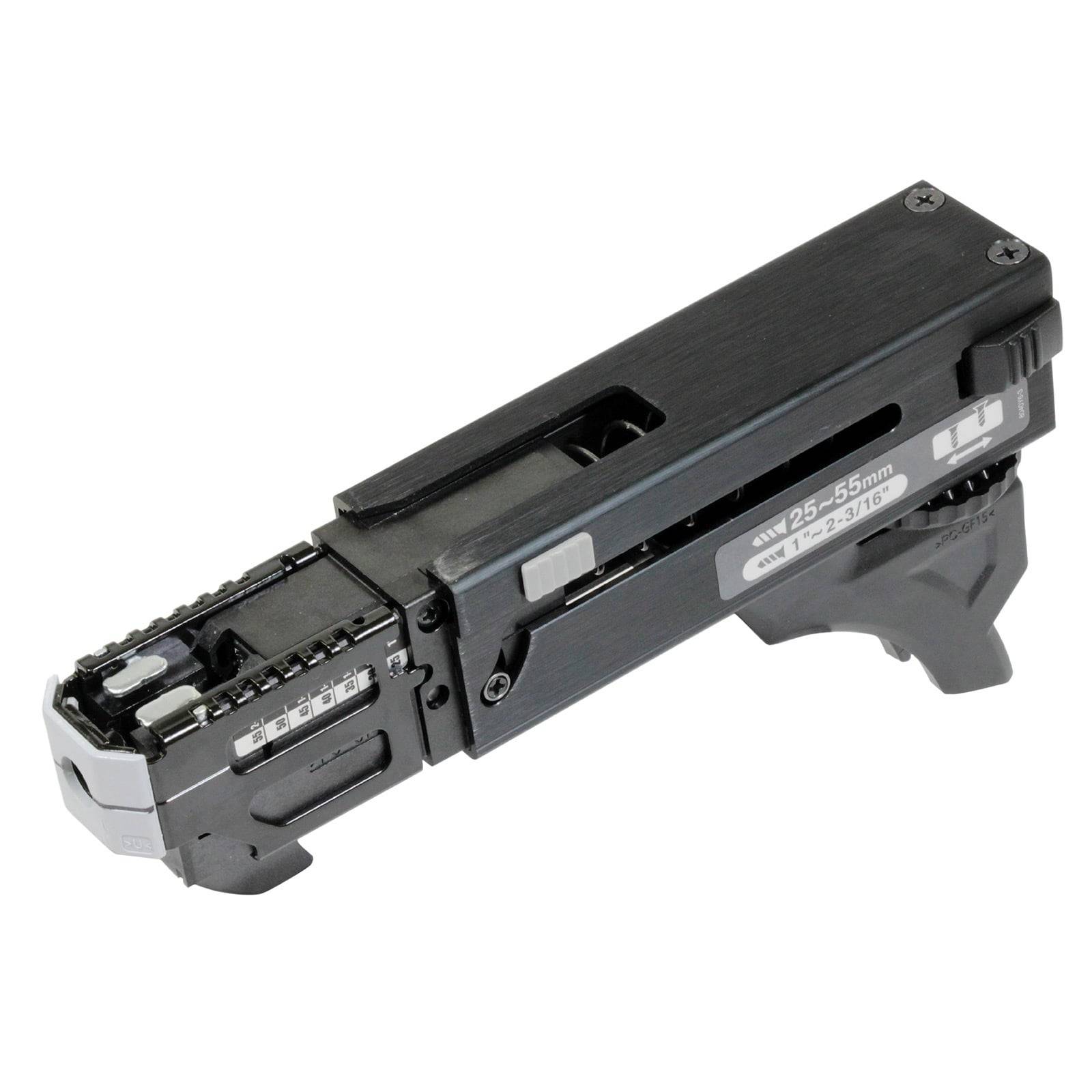 Ein schwarzer und grauer RJ45 Netzwerkkabel Crimpwerkzeug mit verstellbarem Mechanismus zum Abisolieren und Abschneiden von Kabeln, gekennzeichnet mit '25-55mm'.