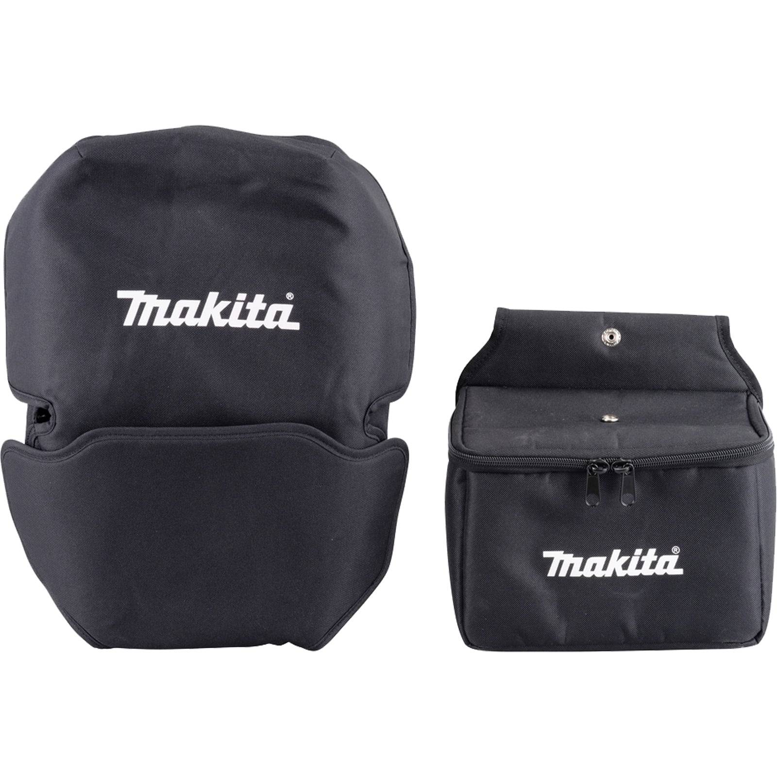 Schwarze Makita Werkzeugtaschen, eine im Rucksackstil mit einer Fronttasche, eine kleine rechteckige Tasche mit Druckknopfverschluss, beide mit dem Makita-Logo versehen.